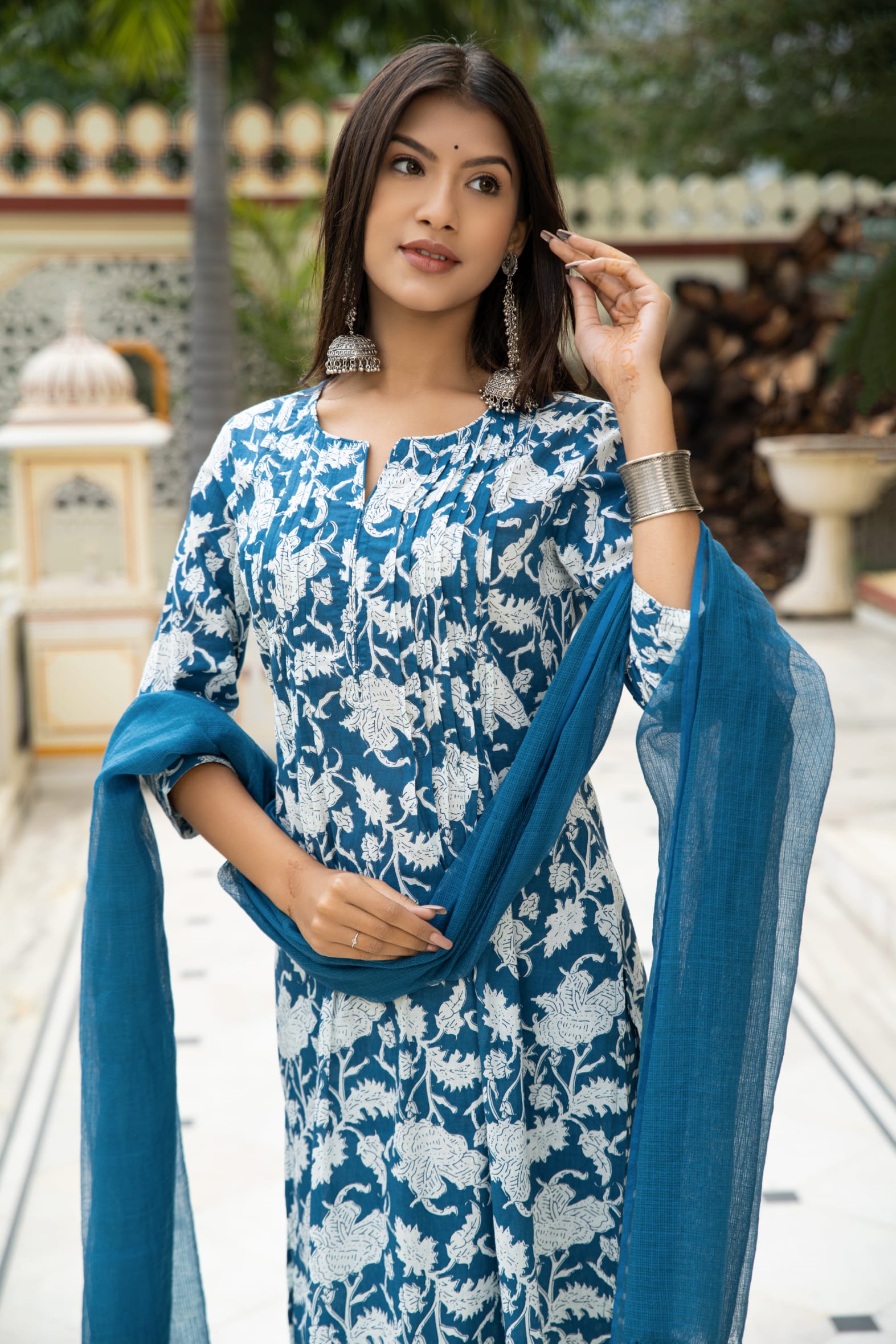 Blue Hand Block Printed Cotton Suit with Kota Doria Dupatta- Set of 3
