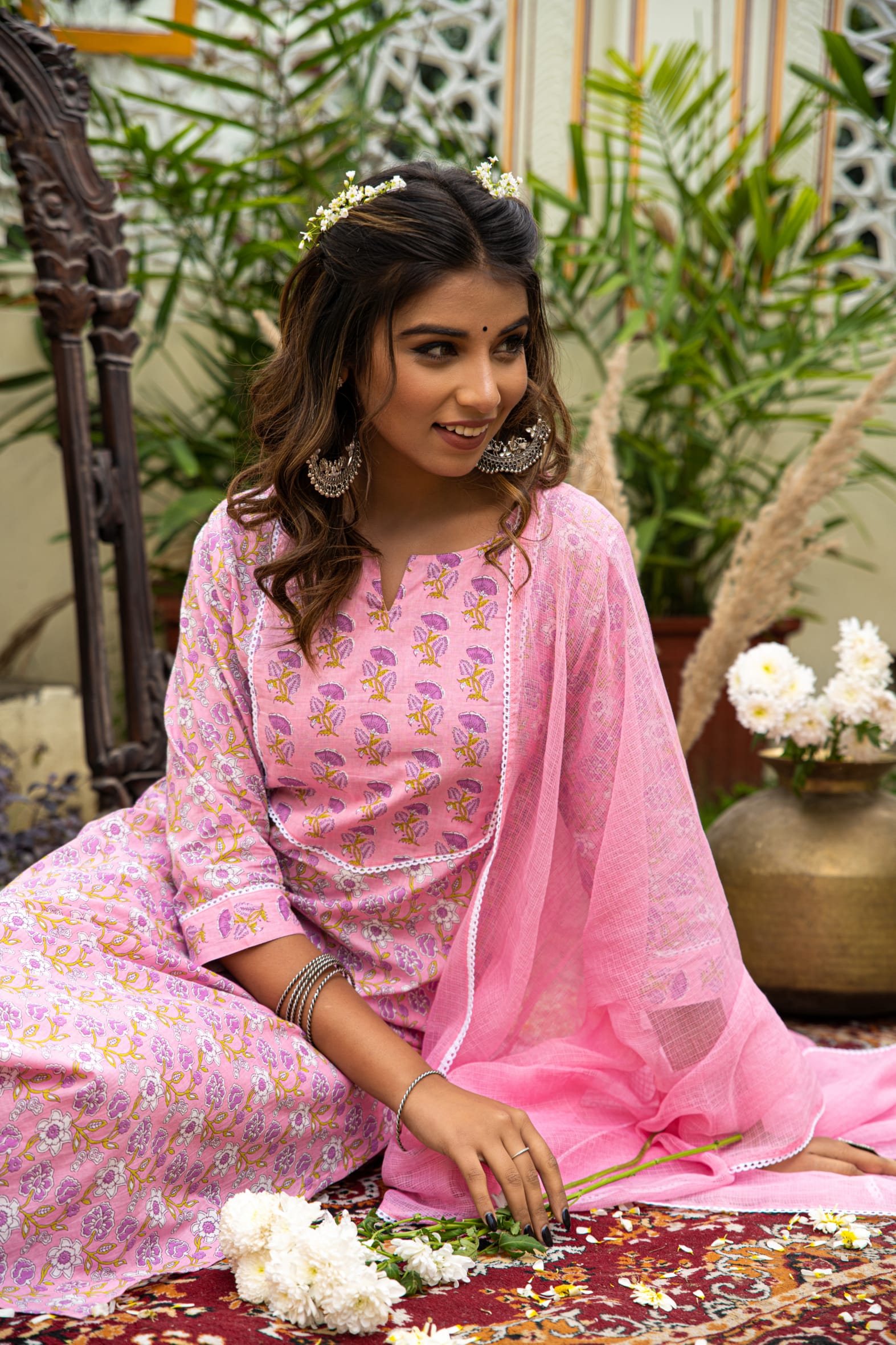 Pink Printed Cotton Suit with Kota Doria Dupatta- Set of 3