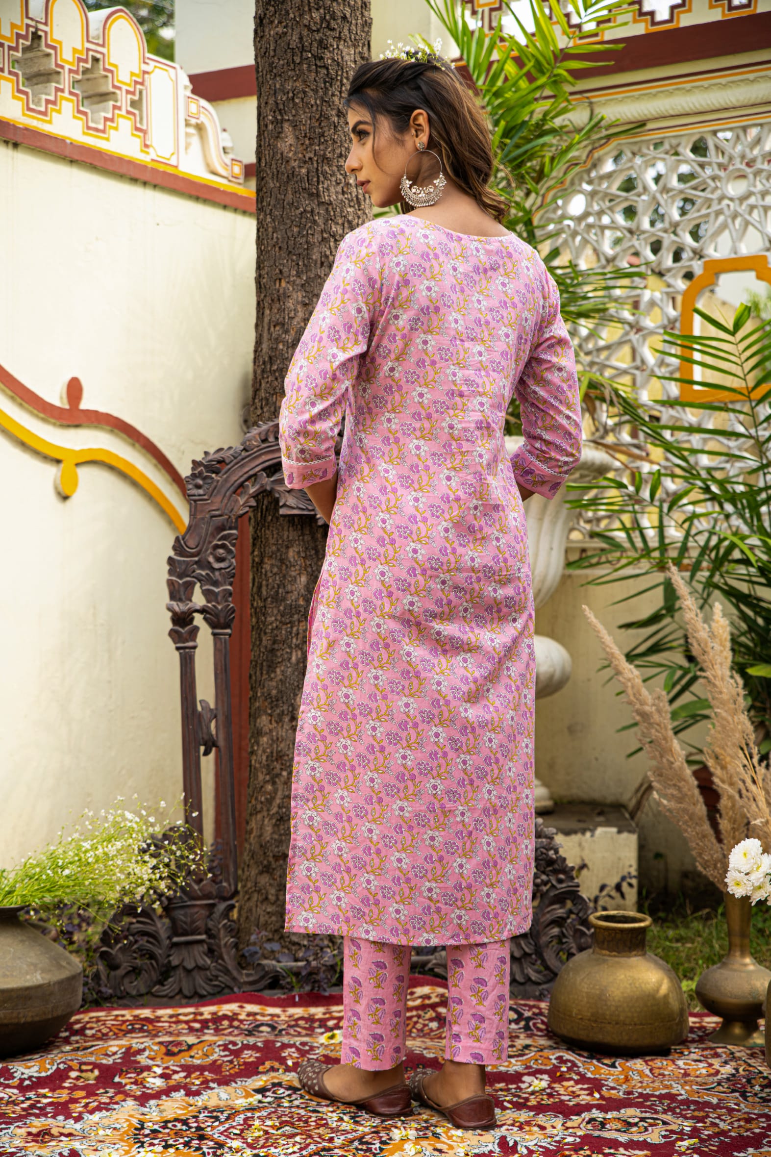 Pink Printed Cotton Kurta with Pants- Set of 2