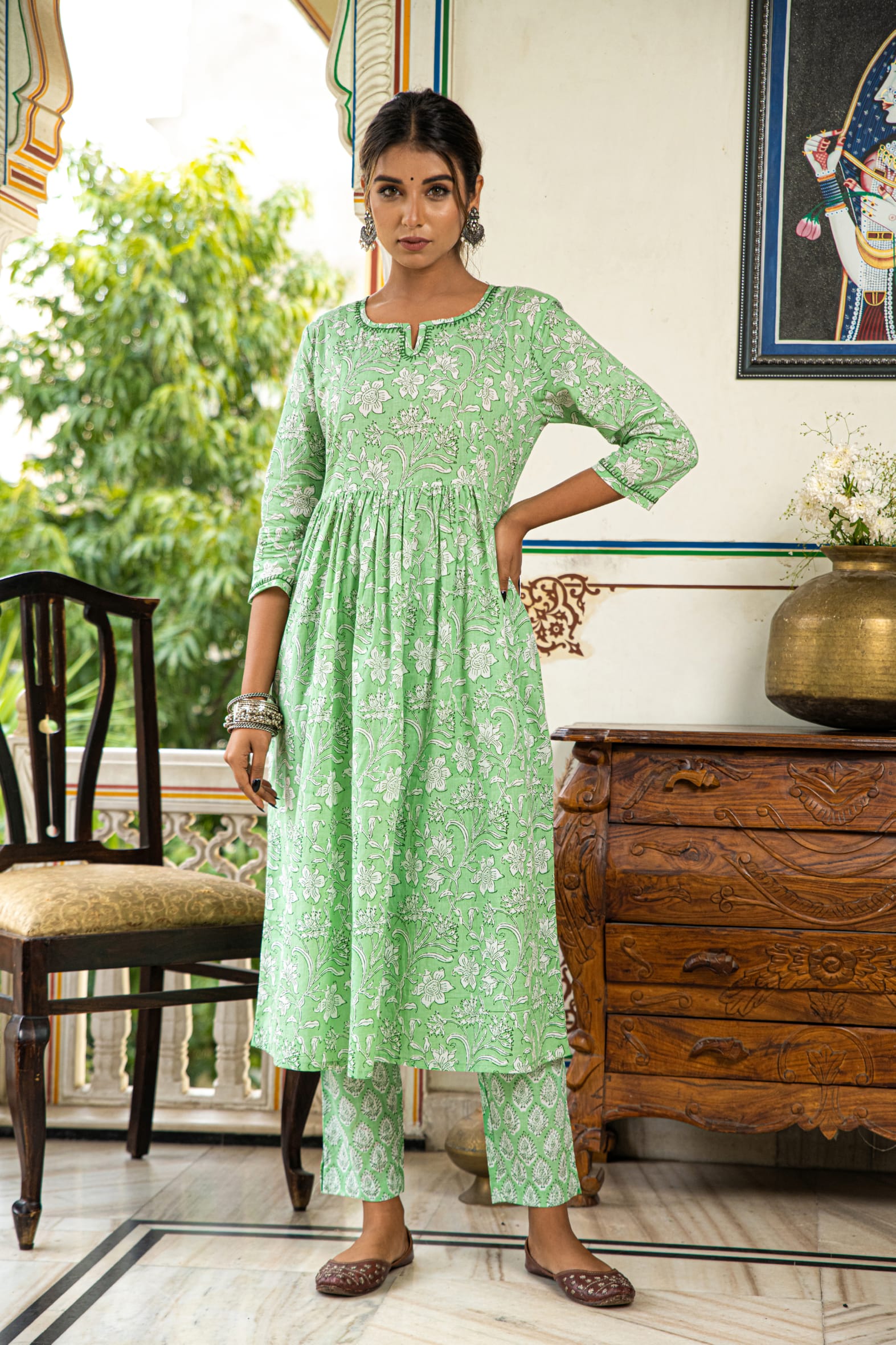 Green Printed Cotton Kurta