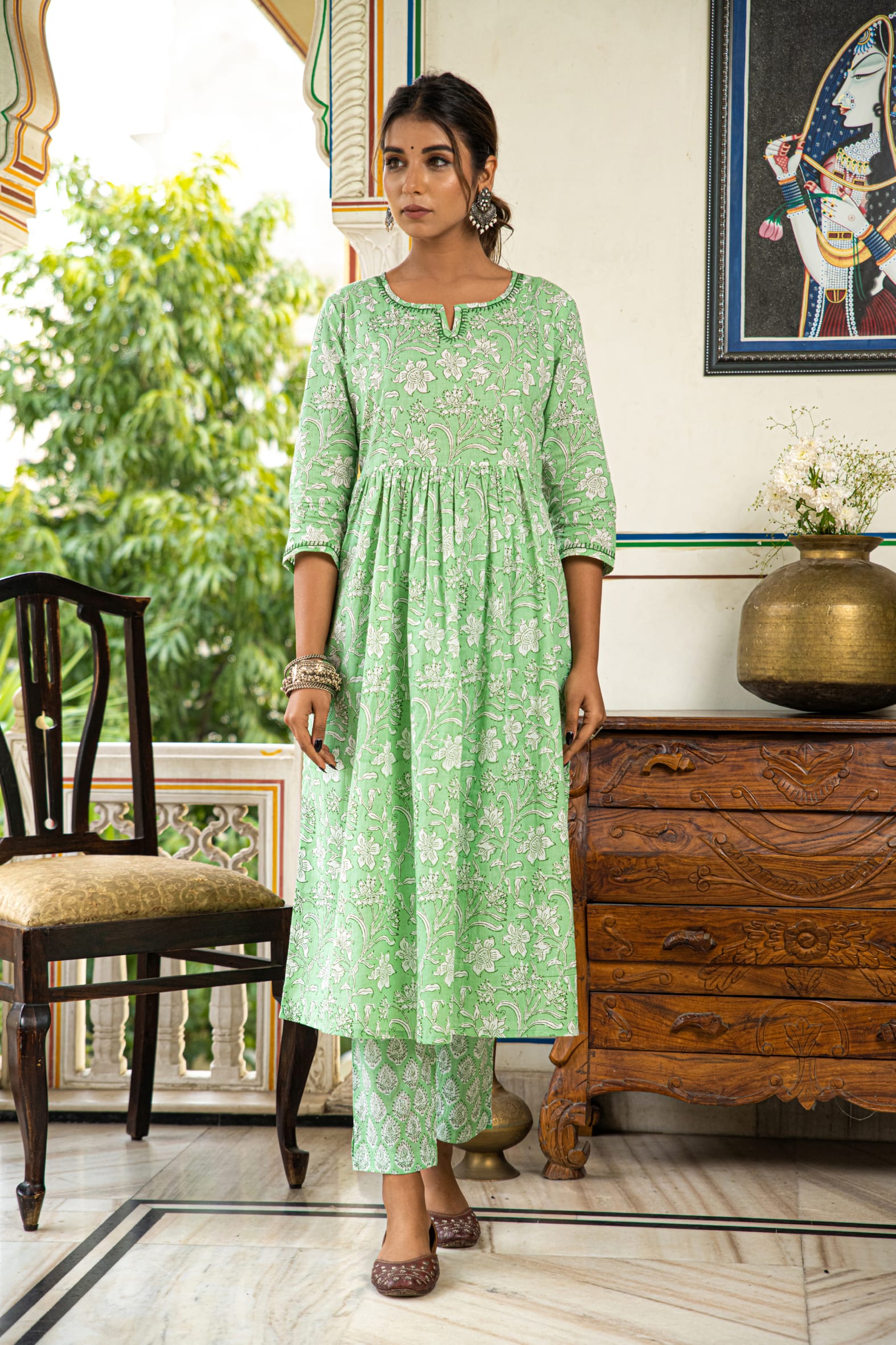 Green Printed Cotton Kurta