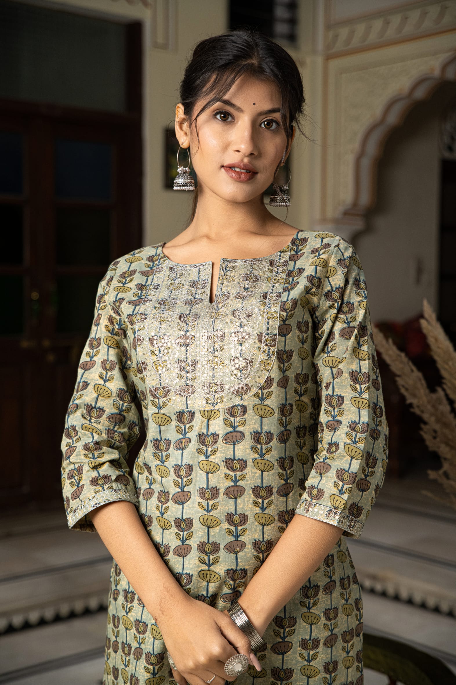 Green Hand Block Printed Cotton Kurta with Pants- Set of 2