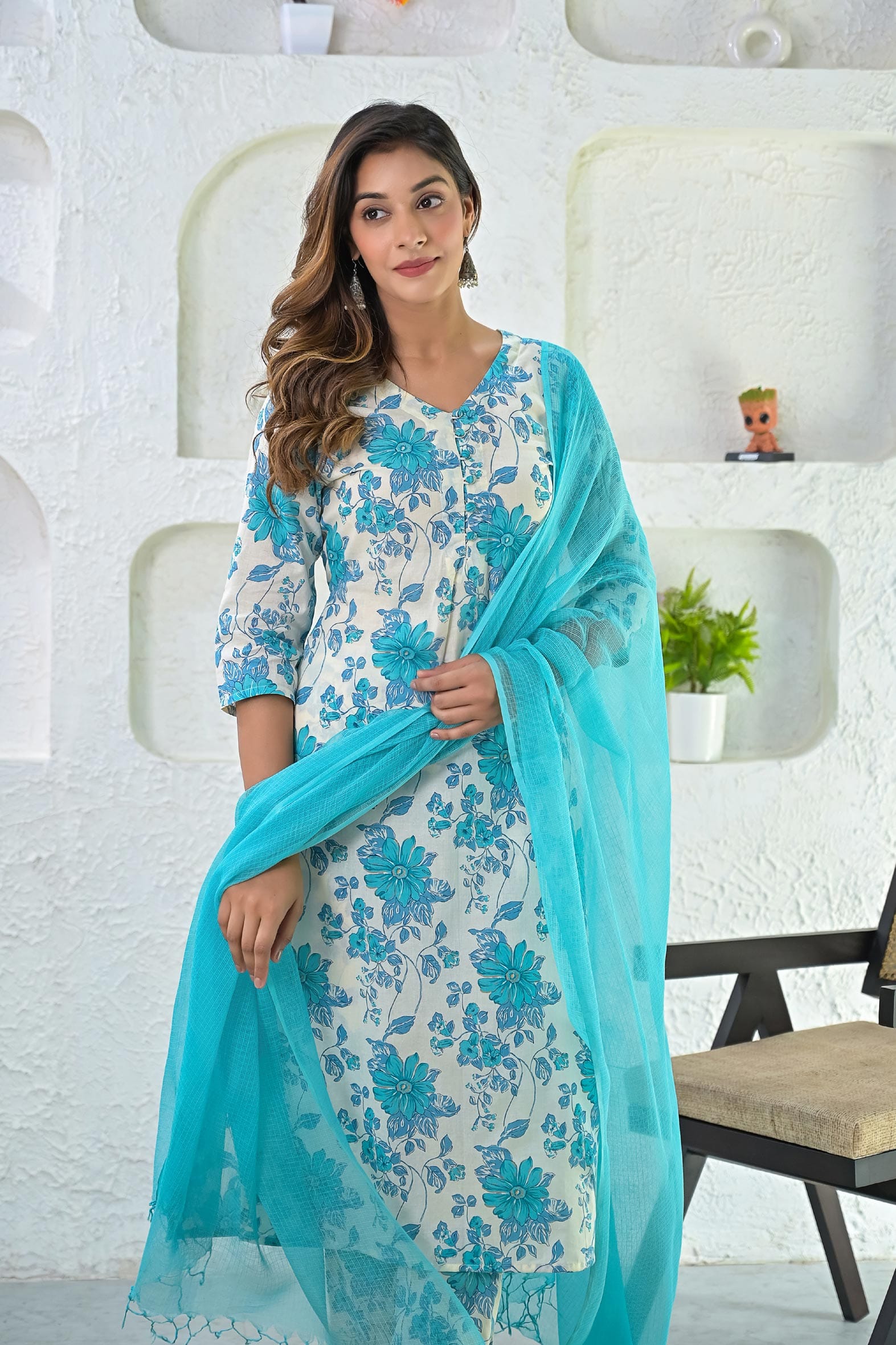 Off White Turquoise Printed Cotton Suit - Set of 3