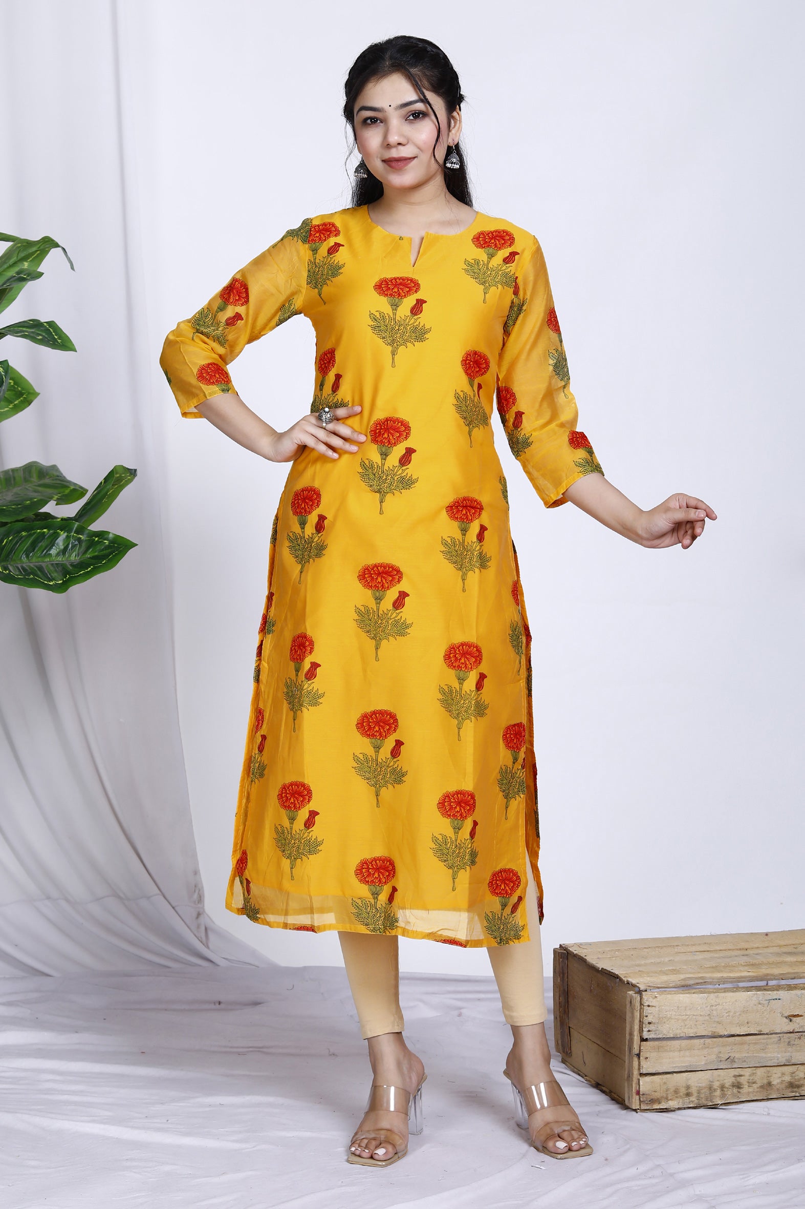 Mustard Butta Printed Chanderi Kurta For Women
