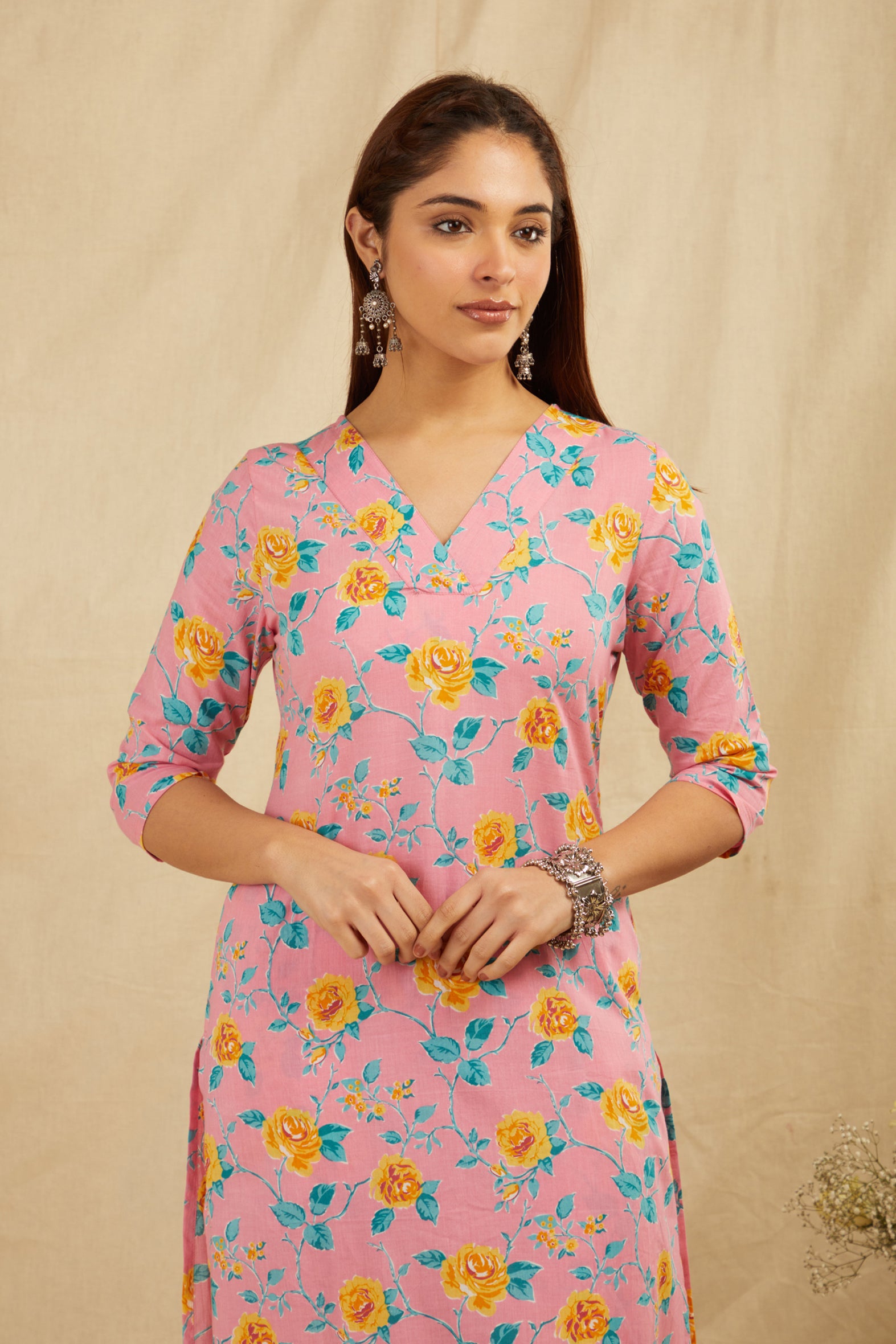 Peach Cotton Straight Kurta Pant Set - Set of 2