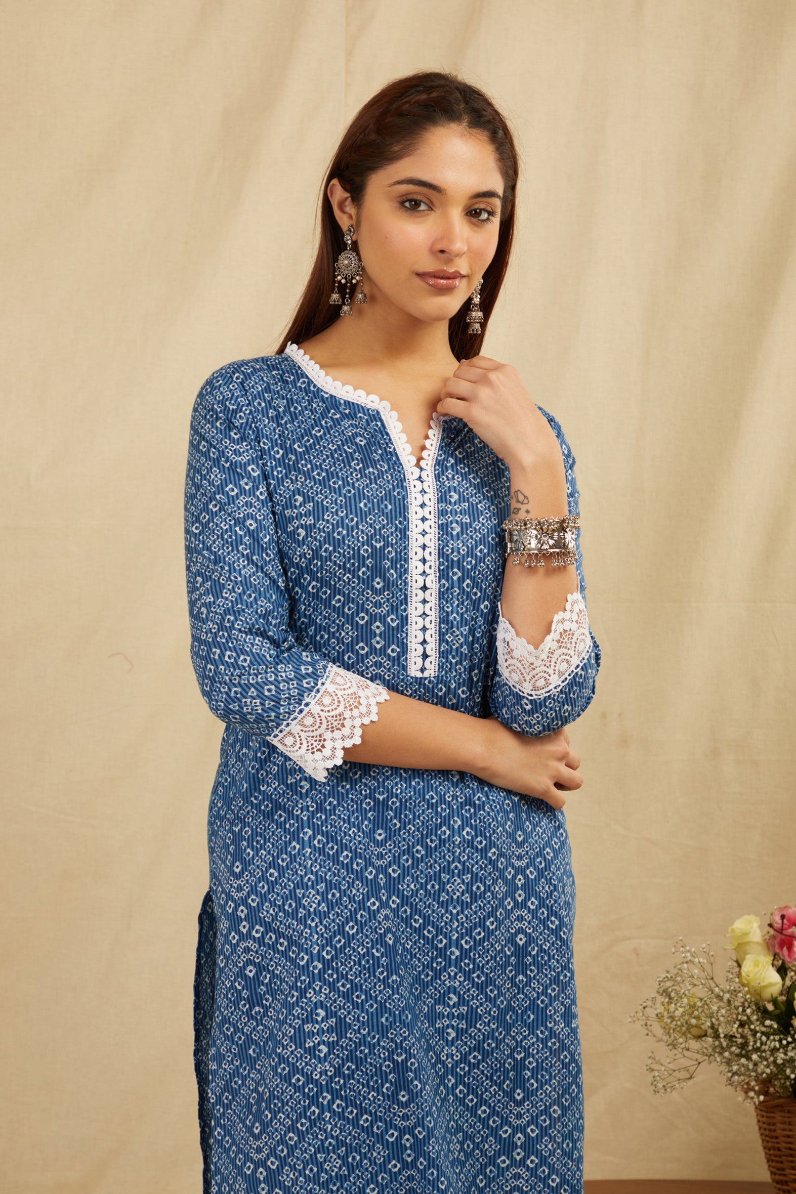 Indigo Bandhej Printed Cotton Kurta Pant Set - Set of 2