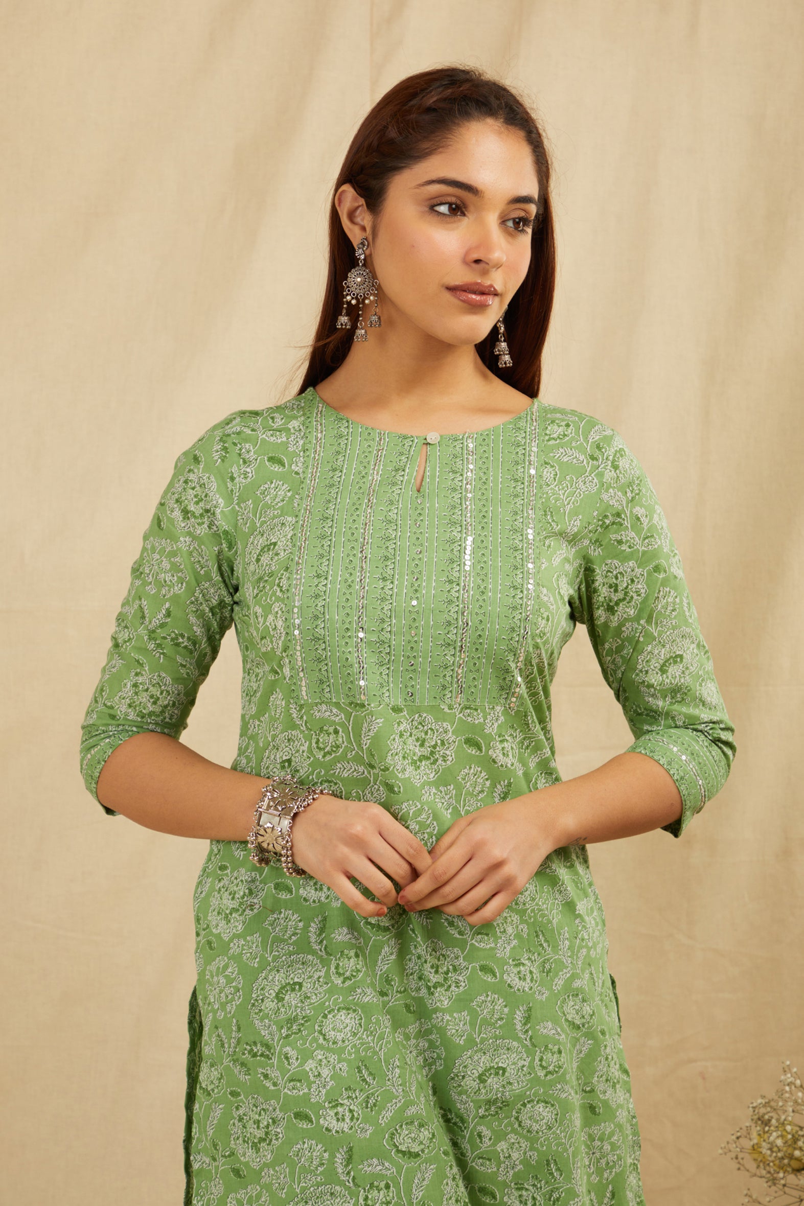 Green Straight Cotton Kurta Pant Set With Dupatta - Set of 3