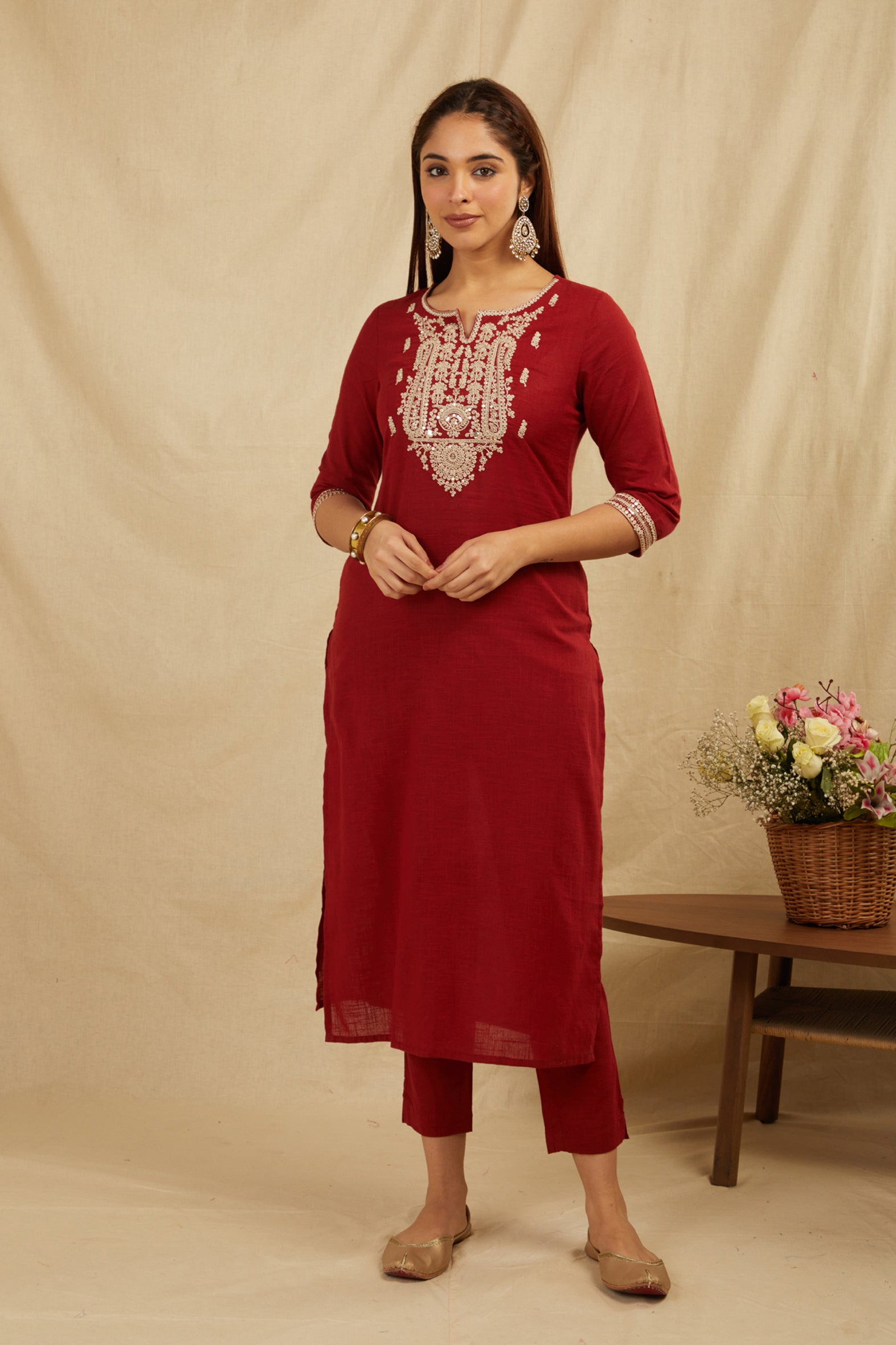Maroon Cotton Partywear Suit Set -2  With Work On Yoke