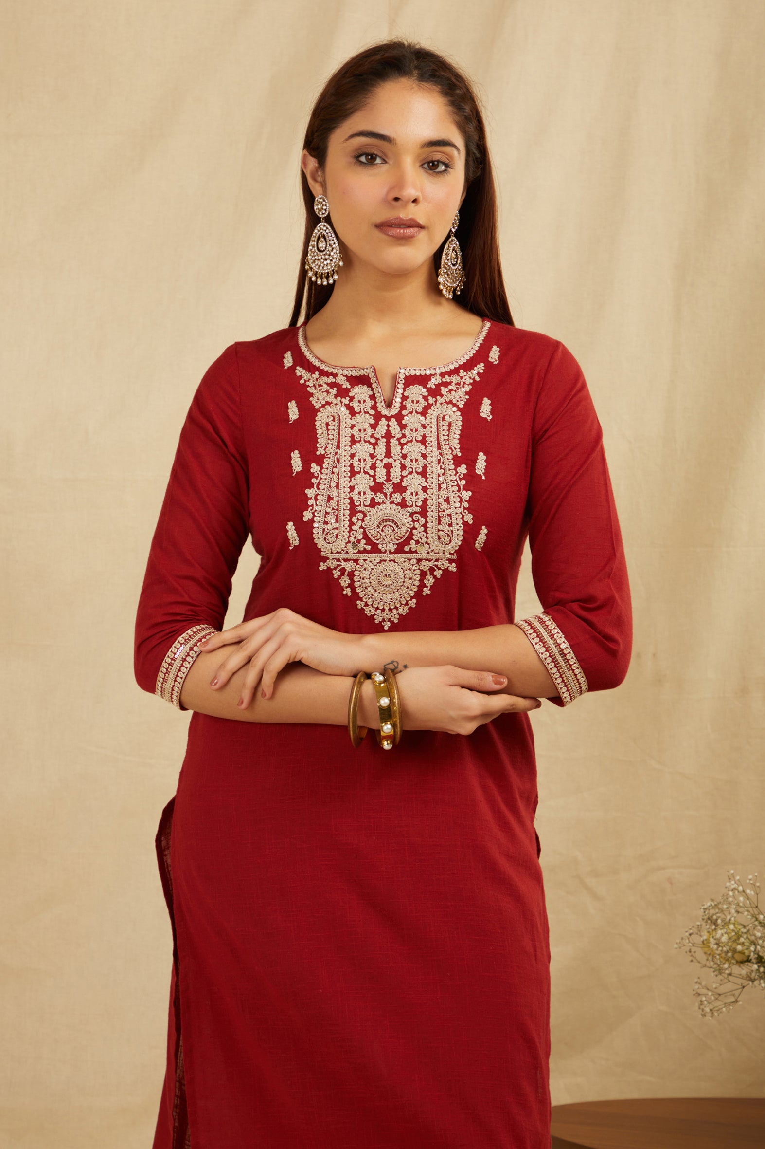 Maroon Cotton Partywear Suit Set -3 With Work On Yoke