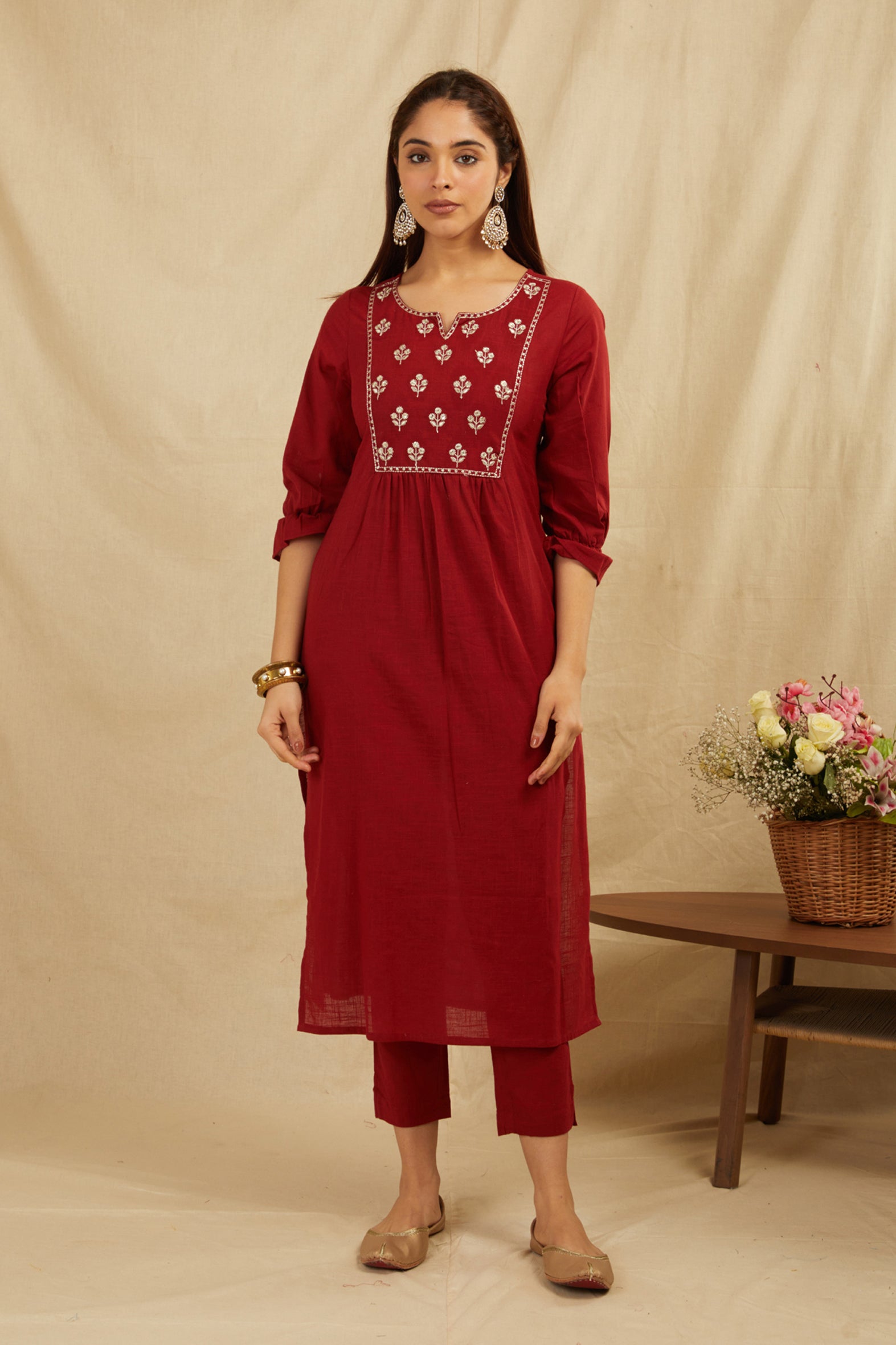 Maroon Cotton Partywear Suit Set-2 With Work On Yoke