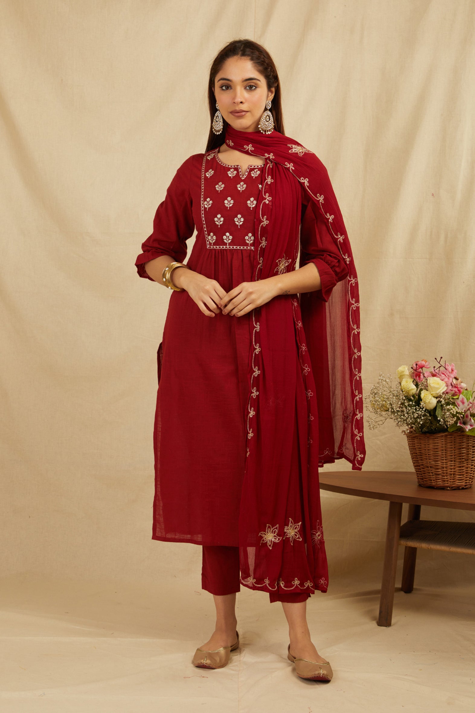 Maroon Cotton Partywear Suit Set-3 With Work On Yoke