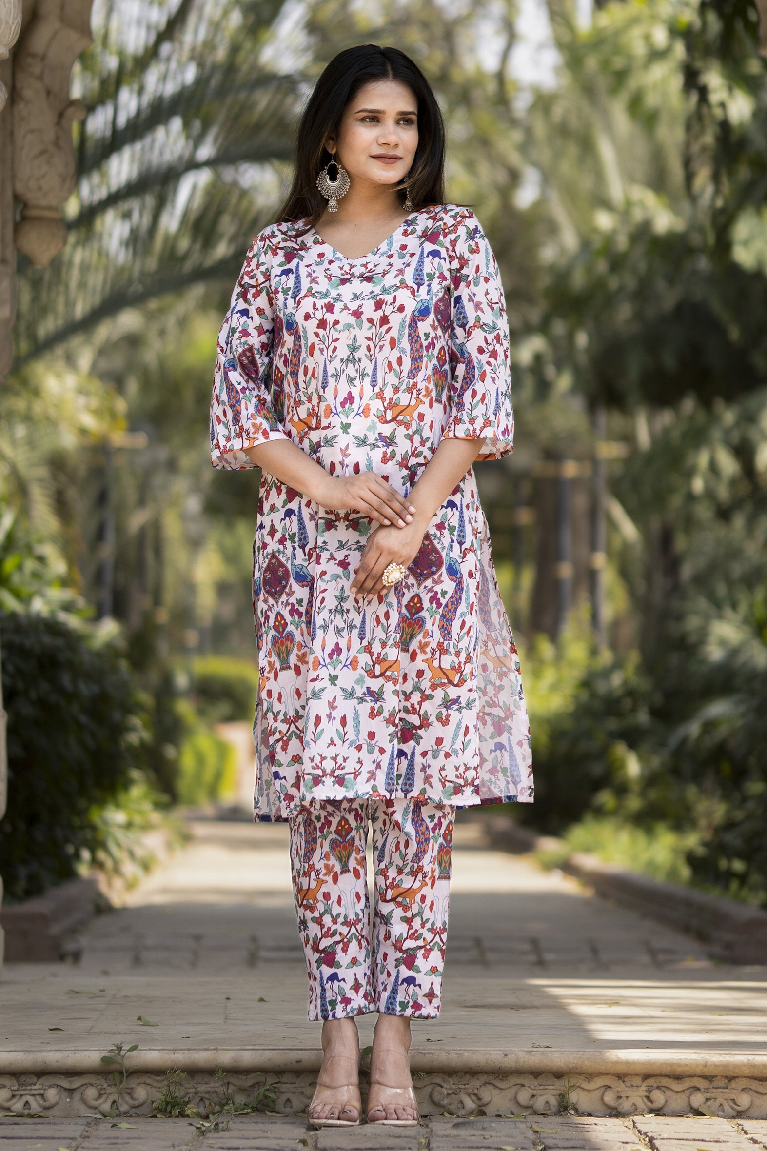 White Printed Muslin Kurta with Pants - Set of 2