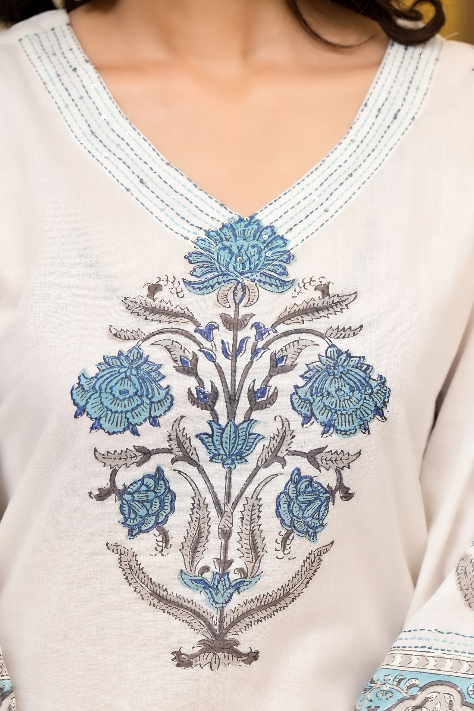 White Cotton Mughal Block Printed Kurta Pant Set