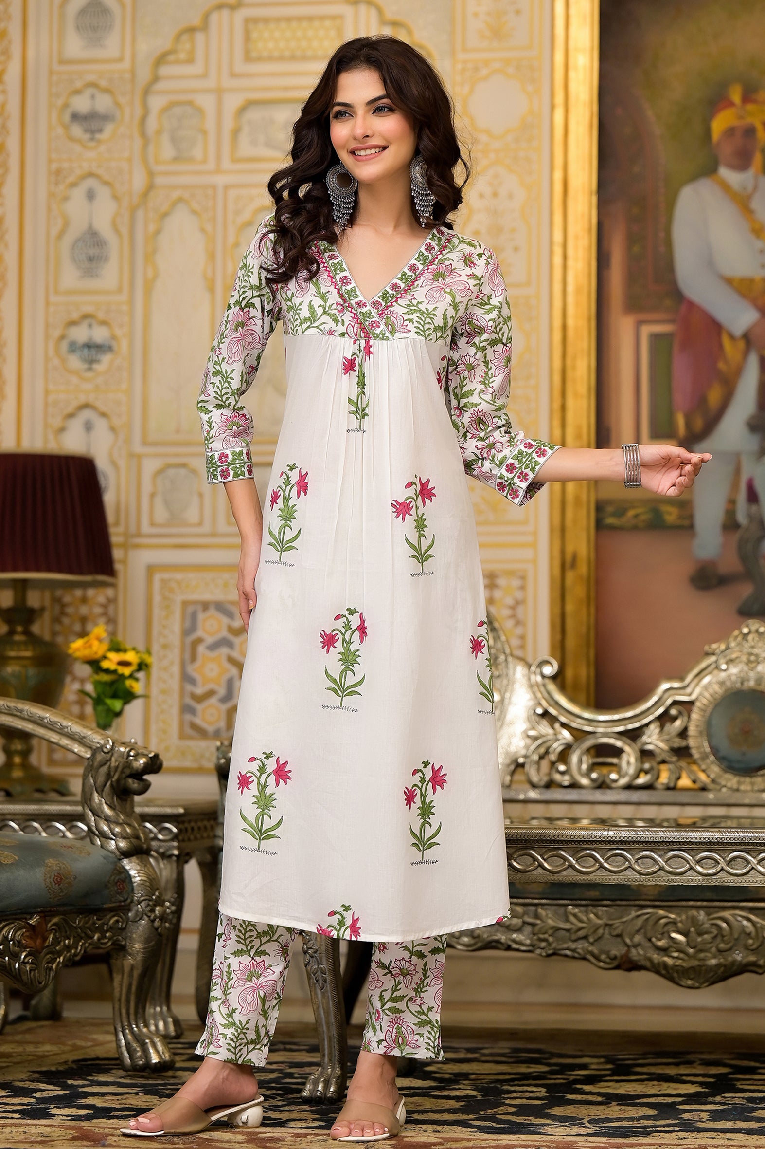 White Cotton Mughal Block Printed Kurta Pant Set