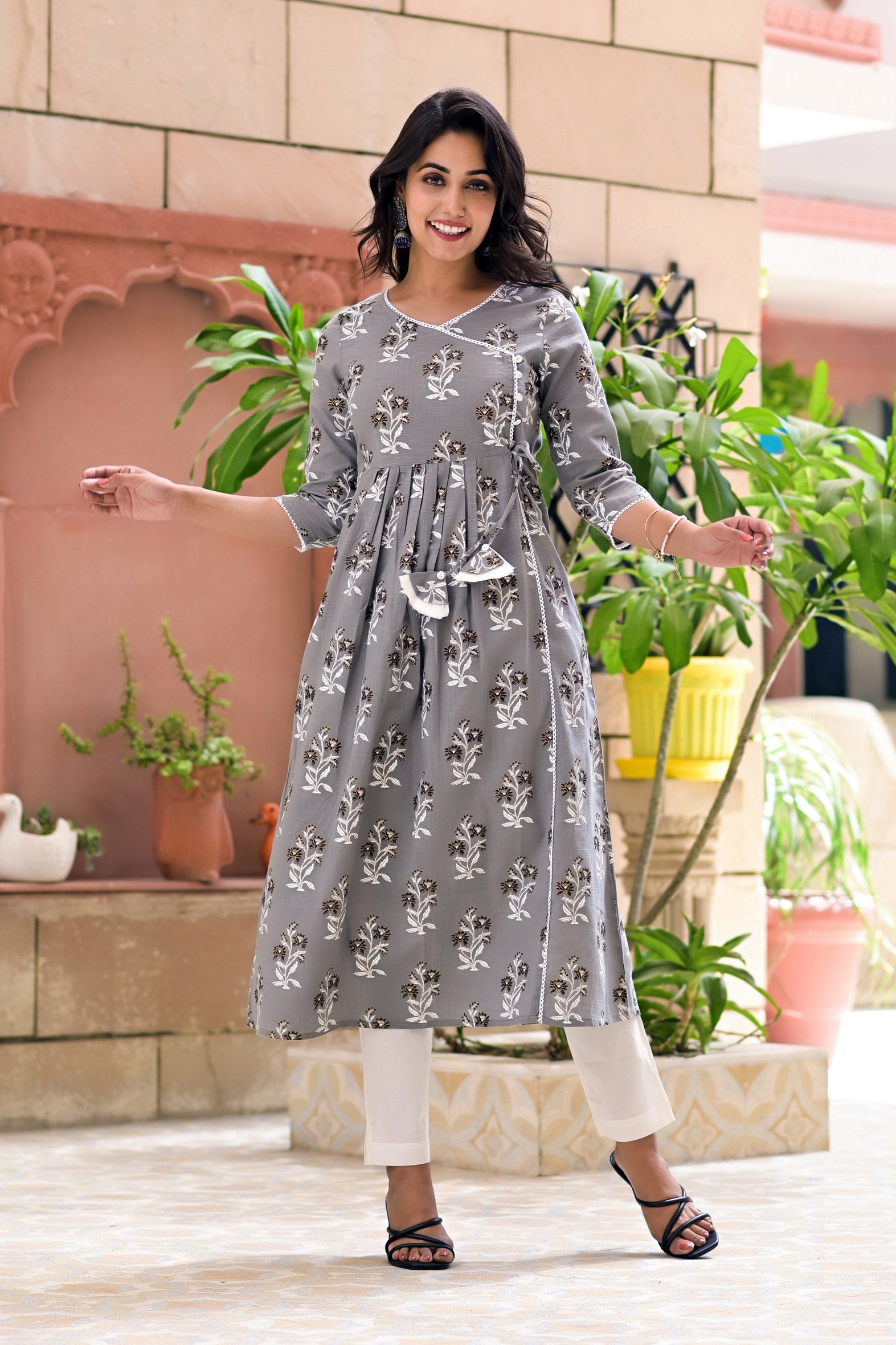 Grey Cotton Boota Printed Angrakha Kurta with White Pants- Set of 2