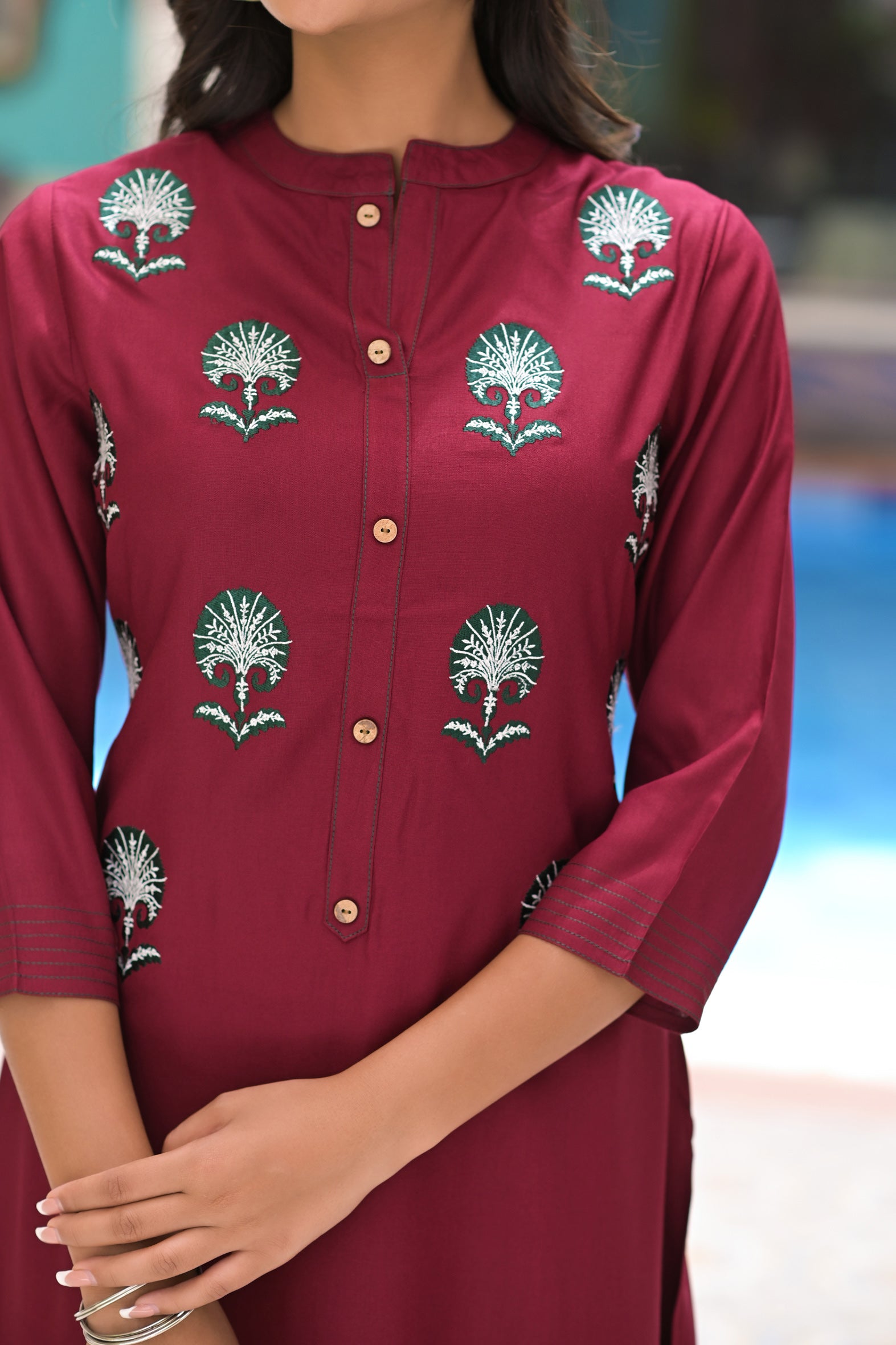 Maroon Rayon Embroideried Solid Long Kurta with Palazzo- Set of 2