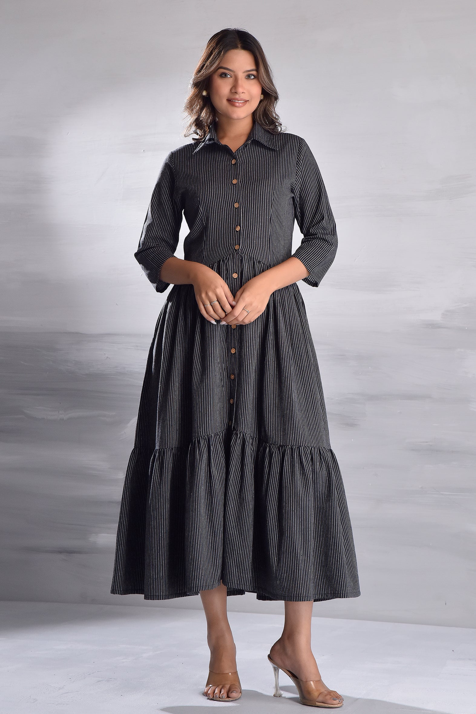 Black Long Self Pattern Cotton Dress