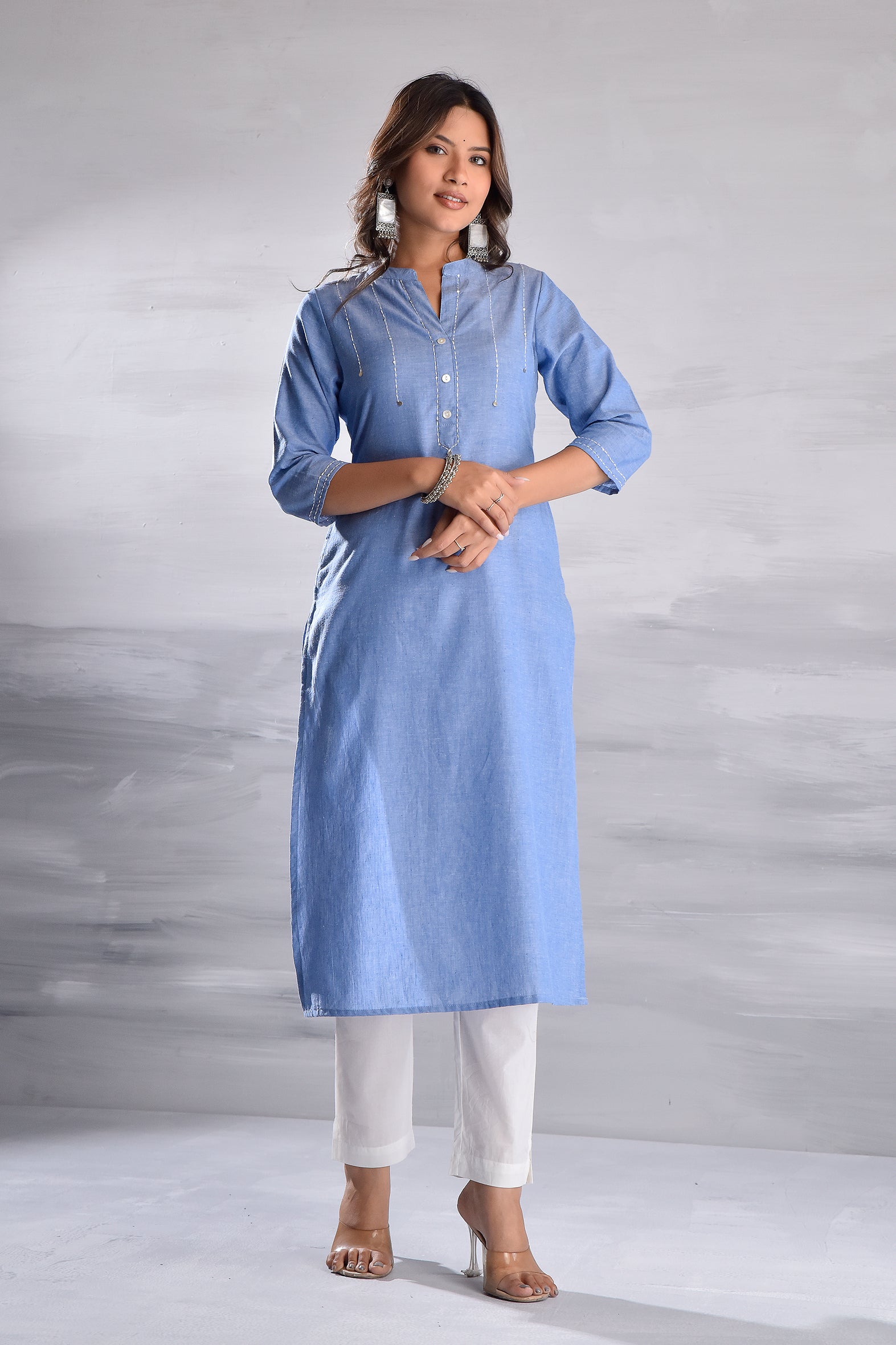 Elegant Collar & Tagai Detailing Cotton Kurta Set