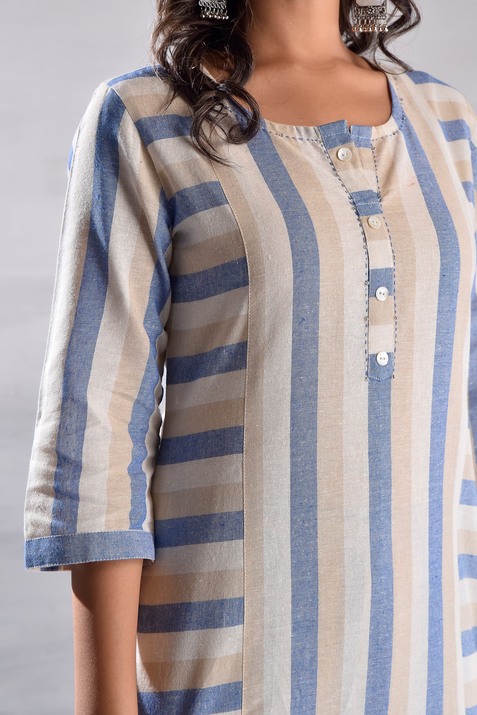 Blue Eco-Chic Cotton Kurta Set with Wooden Buttons & Kantha Tagai Work