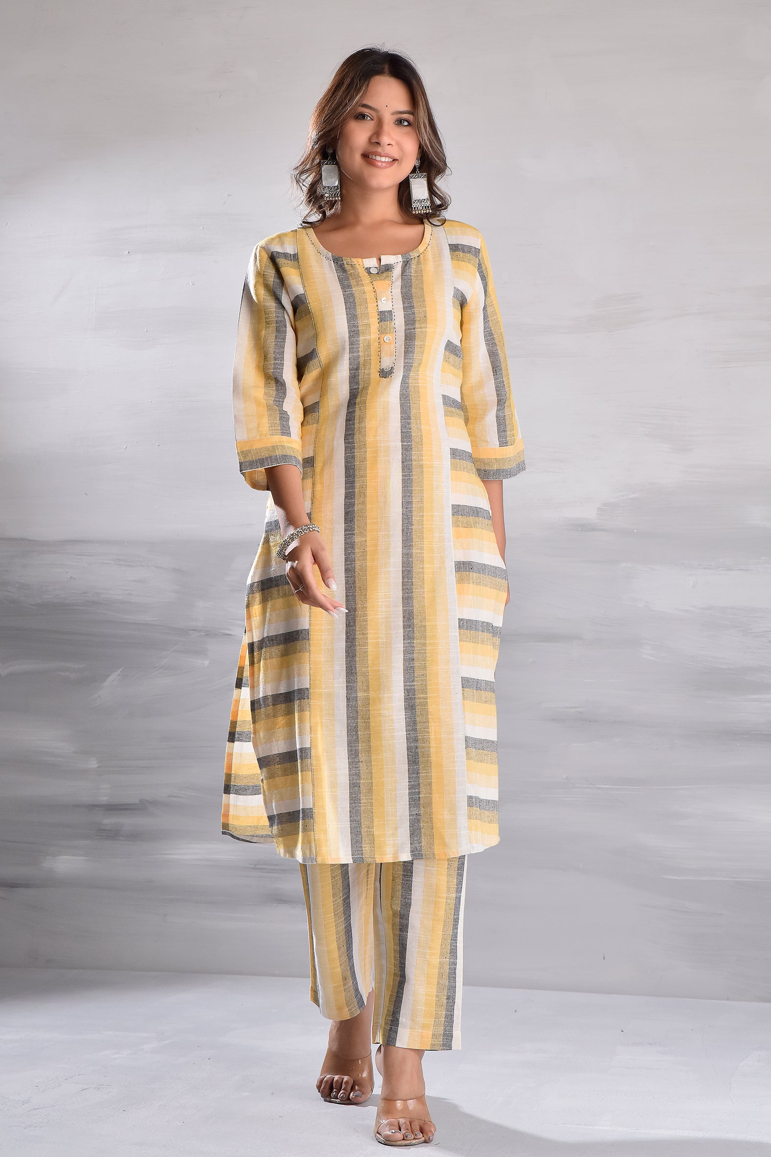 Yellow Eco-Chic Cotton Kurta Set with Wooden Buttons & Kantha Tagai Work