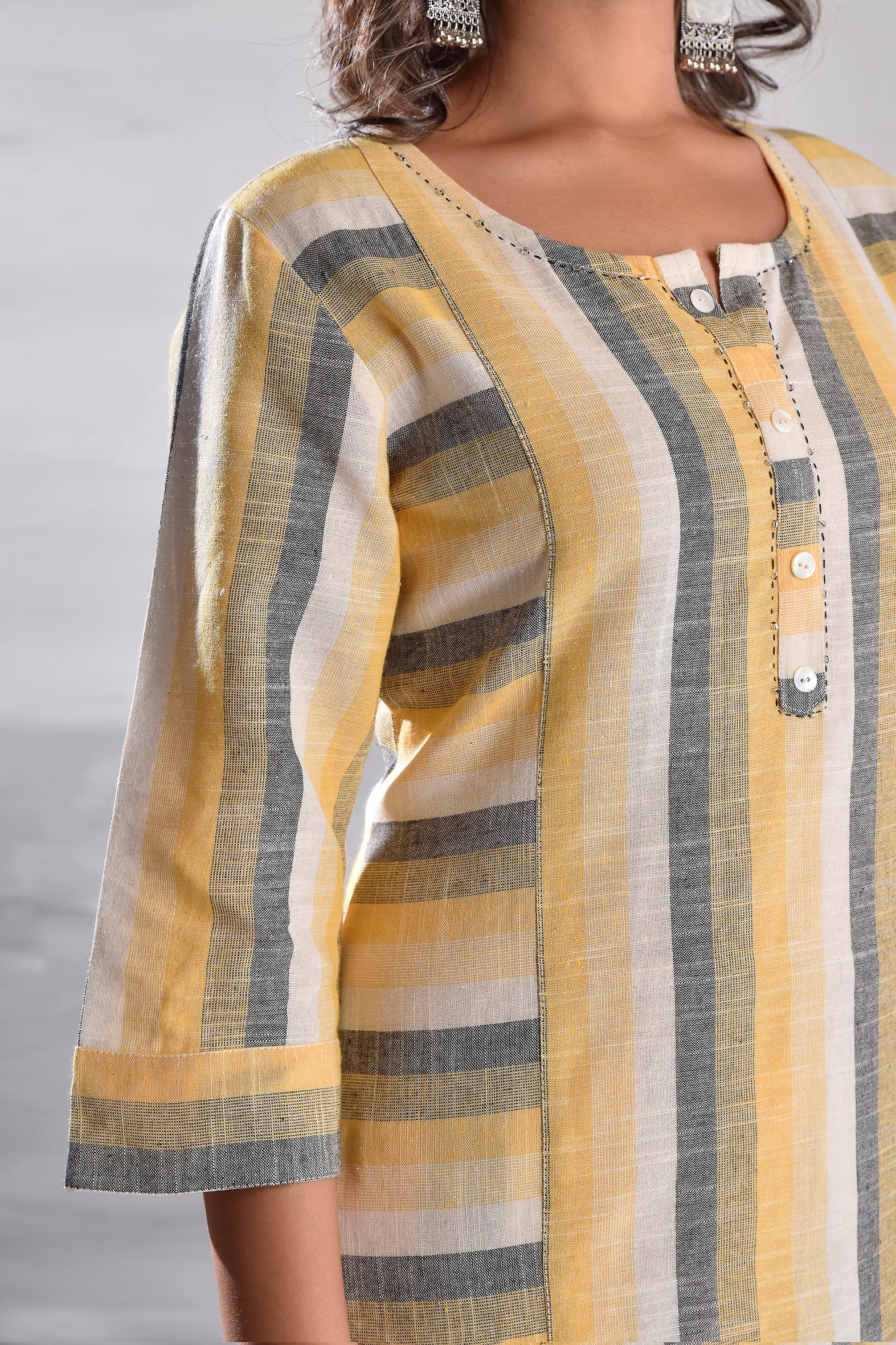 Yellow Eco-Chic Cotton Kurta Set with Wooden Buttons & Kantha Tagai Work