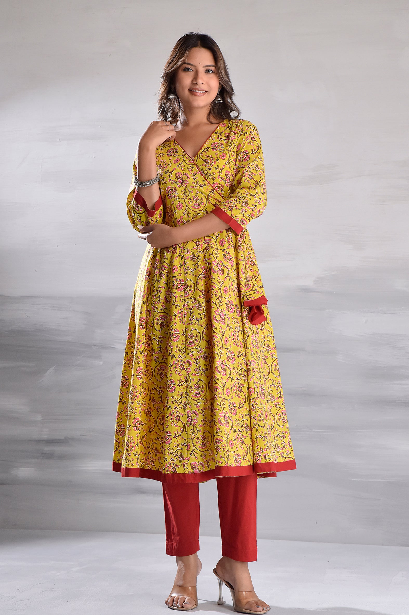 Yellow Jaal Printed Angrakha Pattern Cotton Kurta  with Tassel Detailing