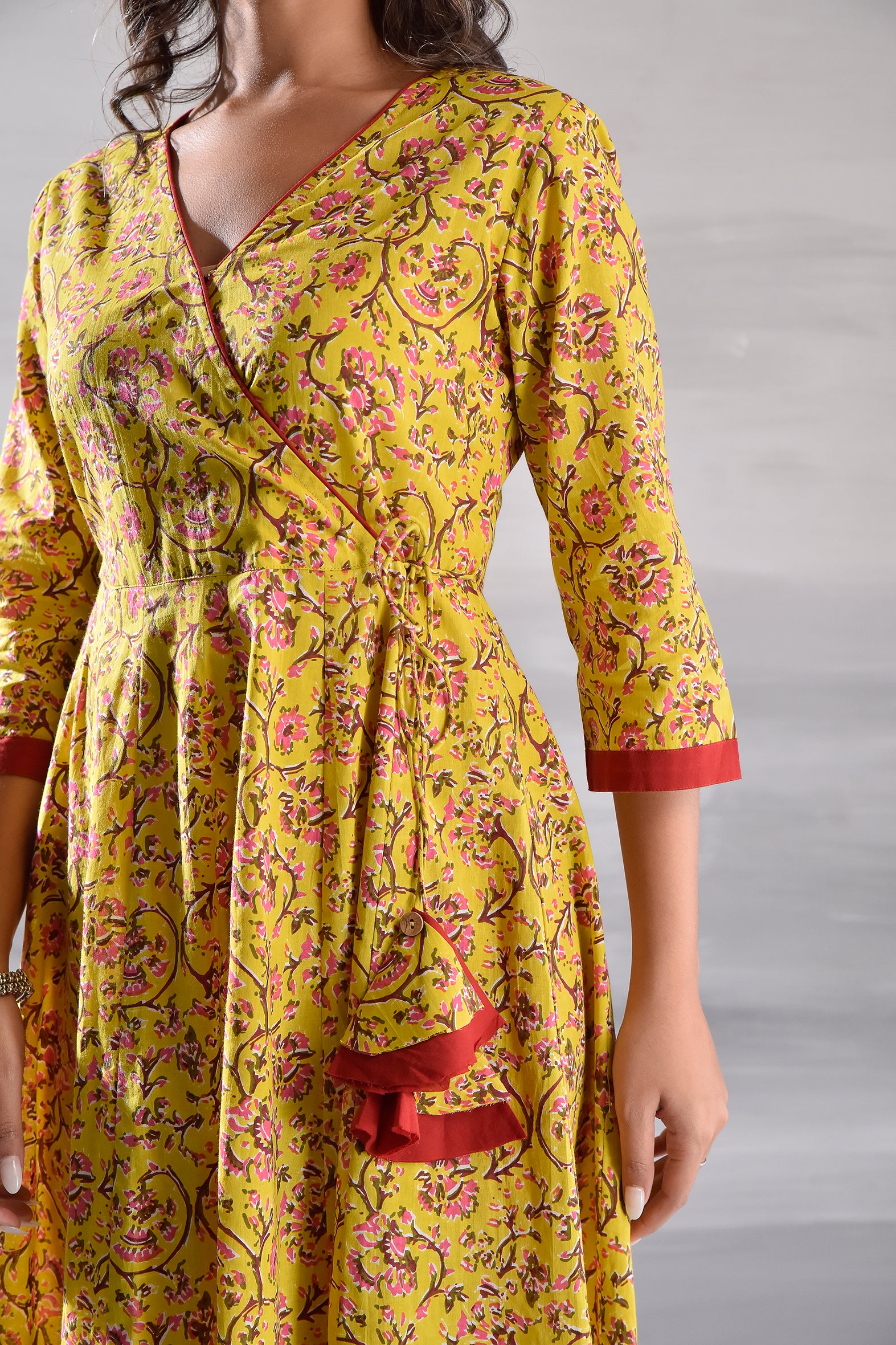 Yellow Jaal Printed Angrakha Pattern Cotton Kurta  with Tassel Detailing