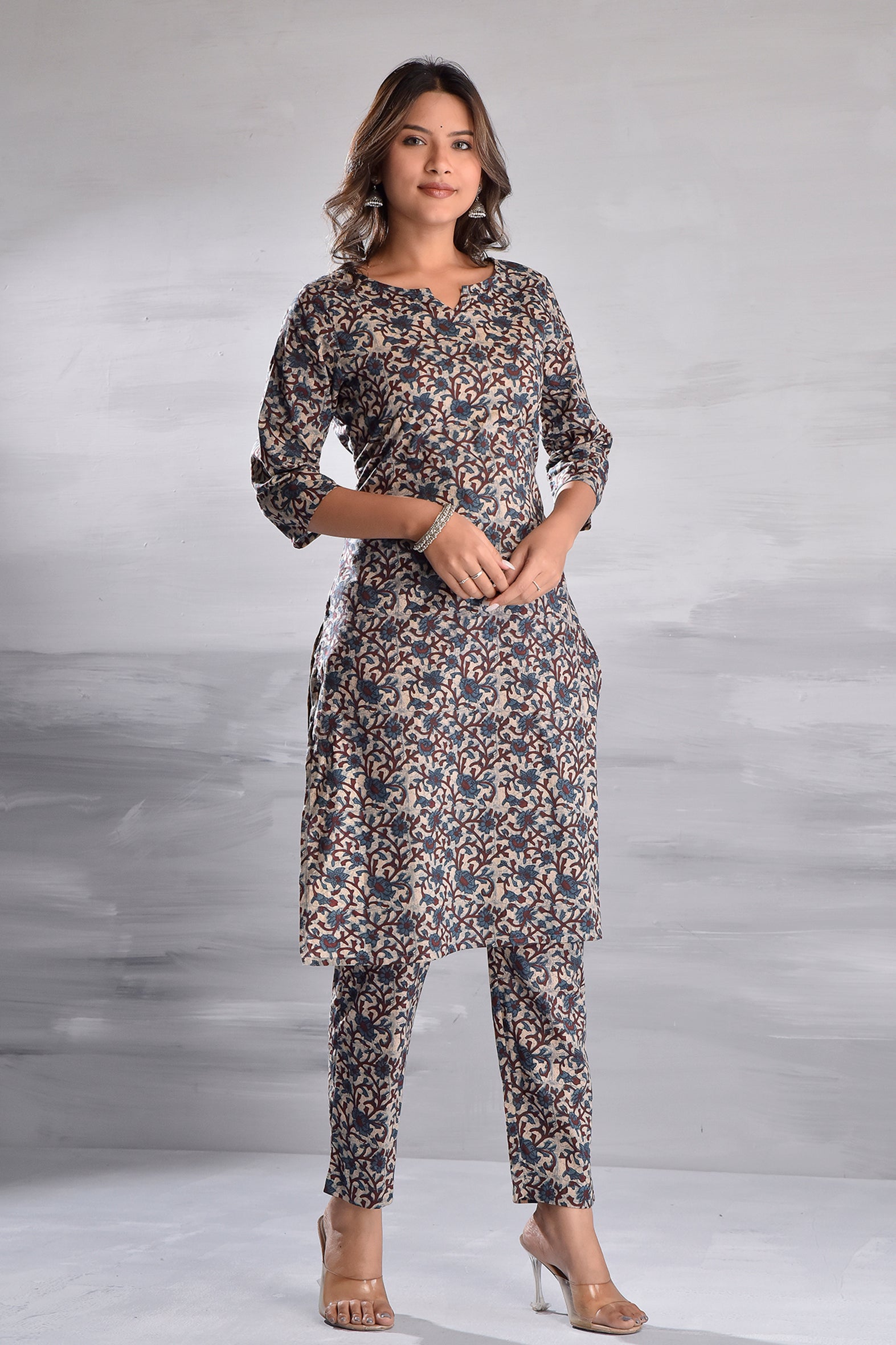 Beige Jaal Jaipuri Printed Cotton Kurta Pant Set
