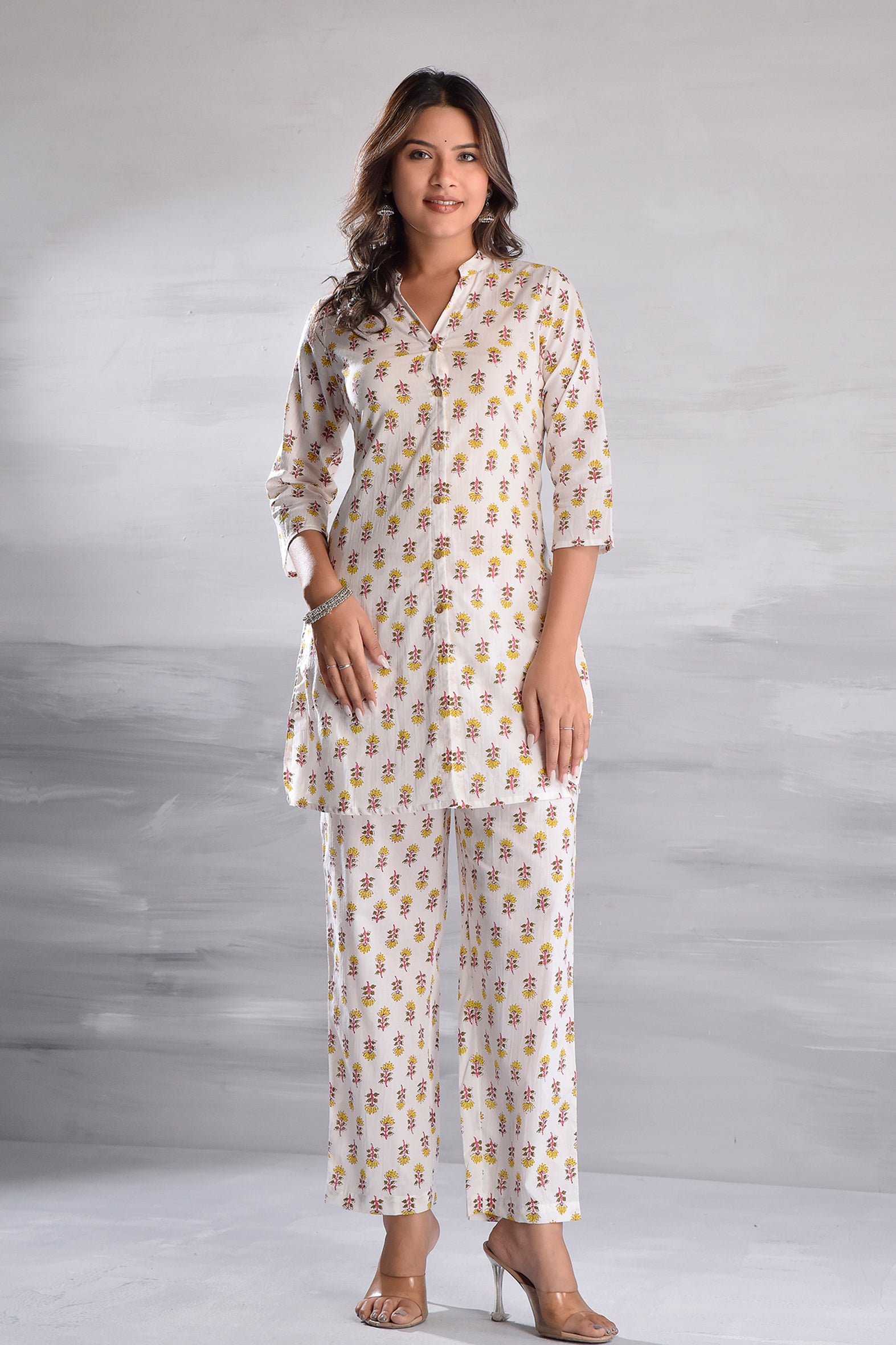 White Sanganeri Butti Printed Cotton Co-ord Set