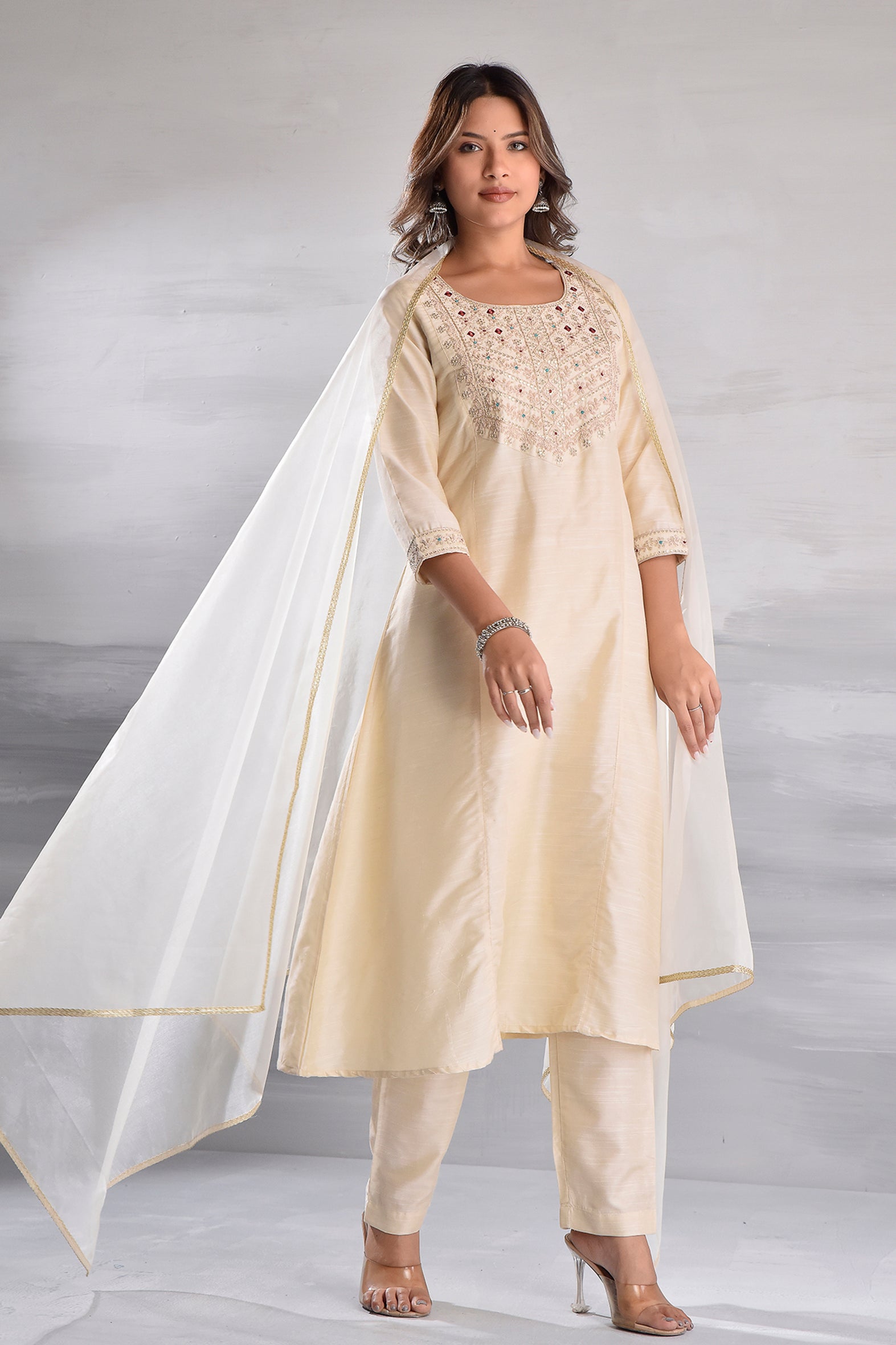 White Elegant Embroidered Silk Slub Kurta Set with Organza Dupatta