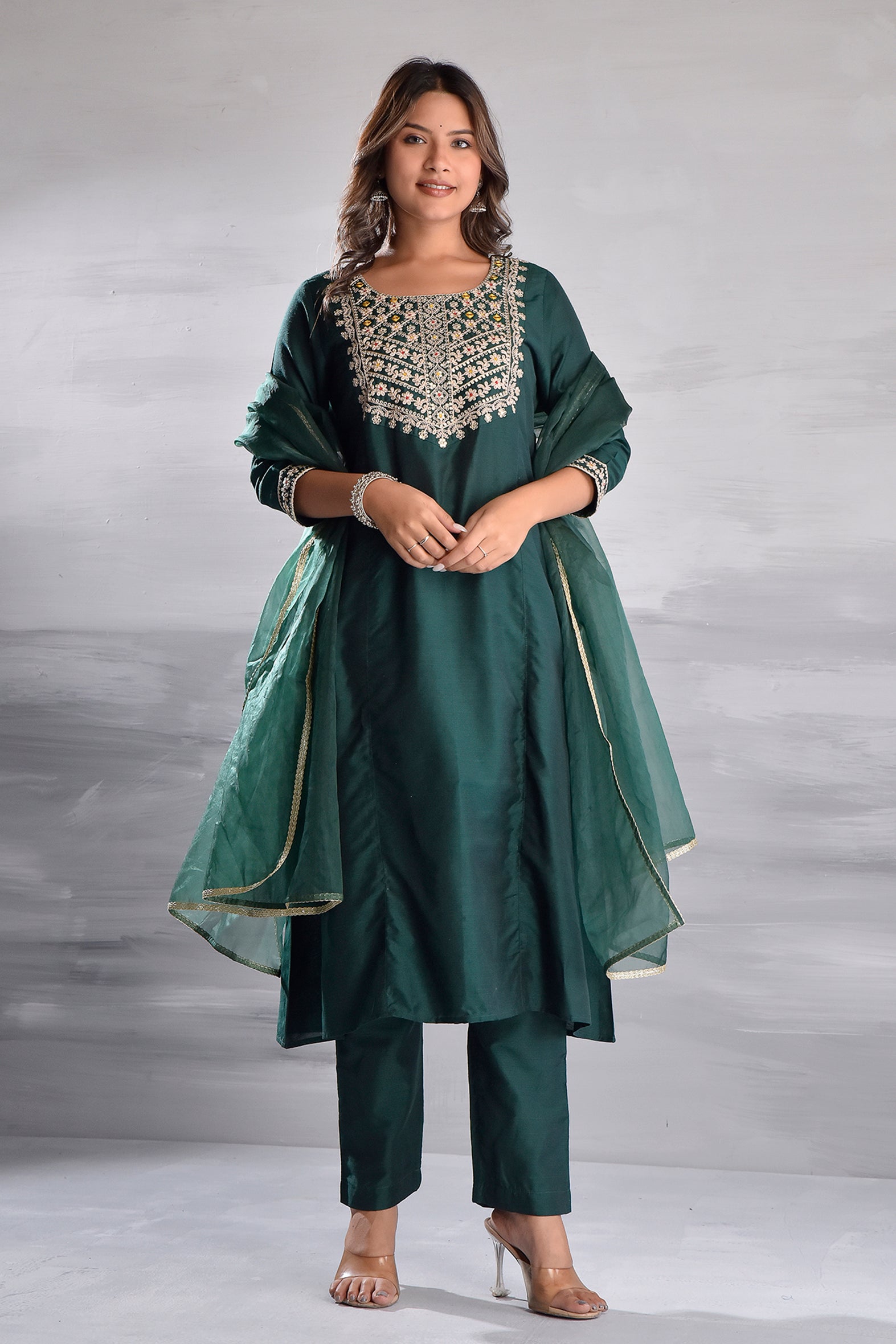 Dark Green Elegant Embroidered Silk Slub Kurta Set with Organza Dupatta