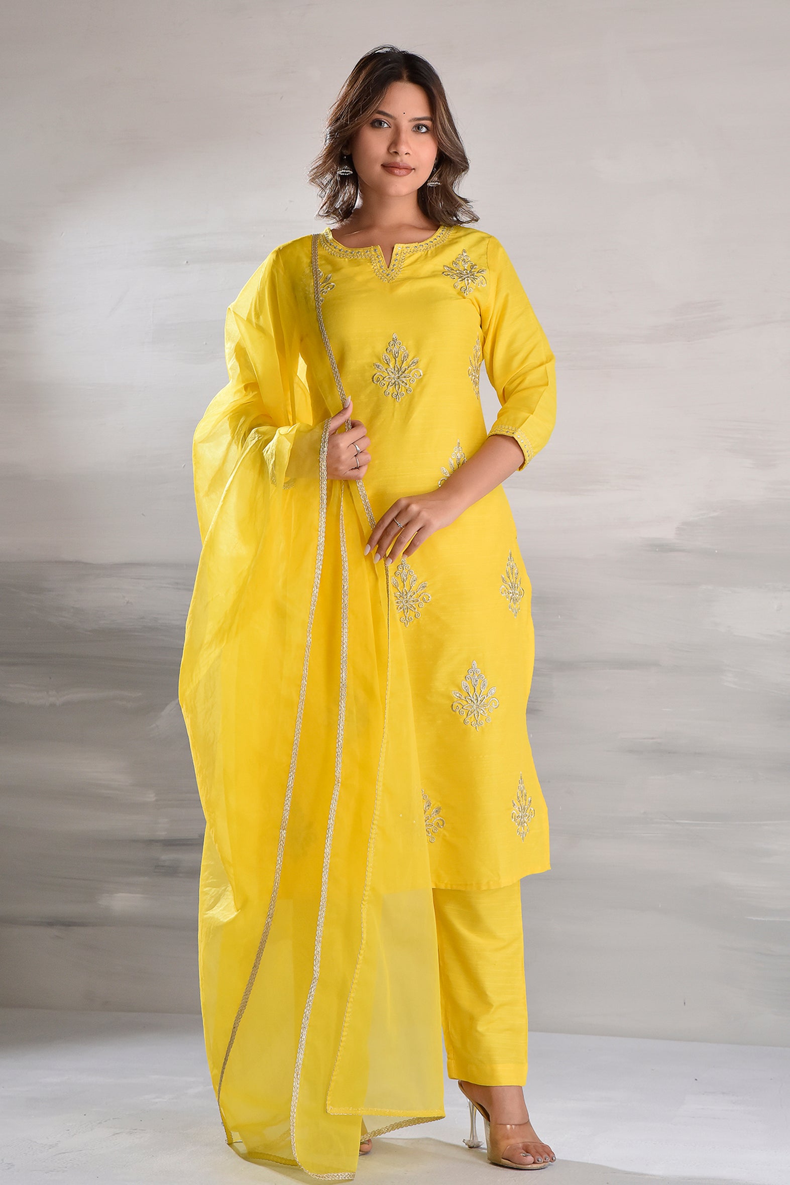 Orange Elegant Embroidered Silk Slub Kurta Set with Organza Dupatta