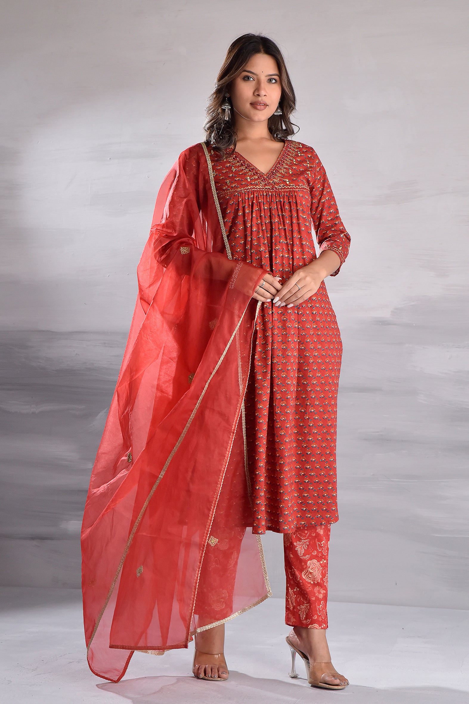 Red Printed With Handwork Cotton Kurta Set with Organza Dupatta