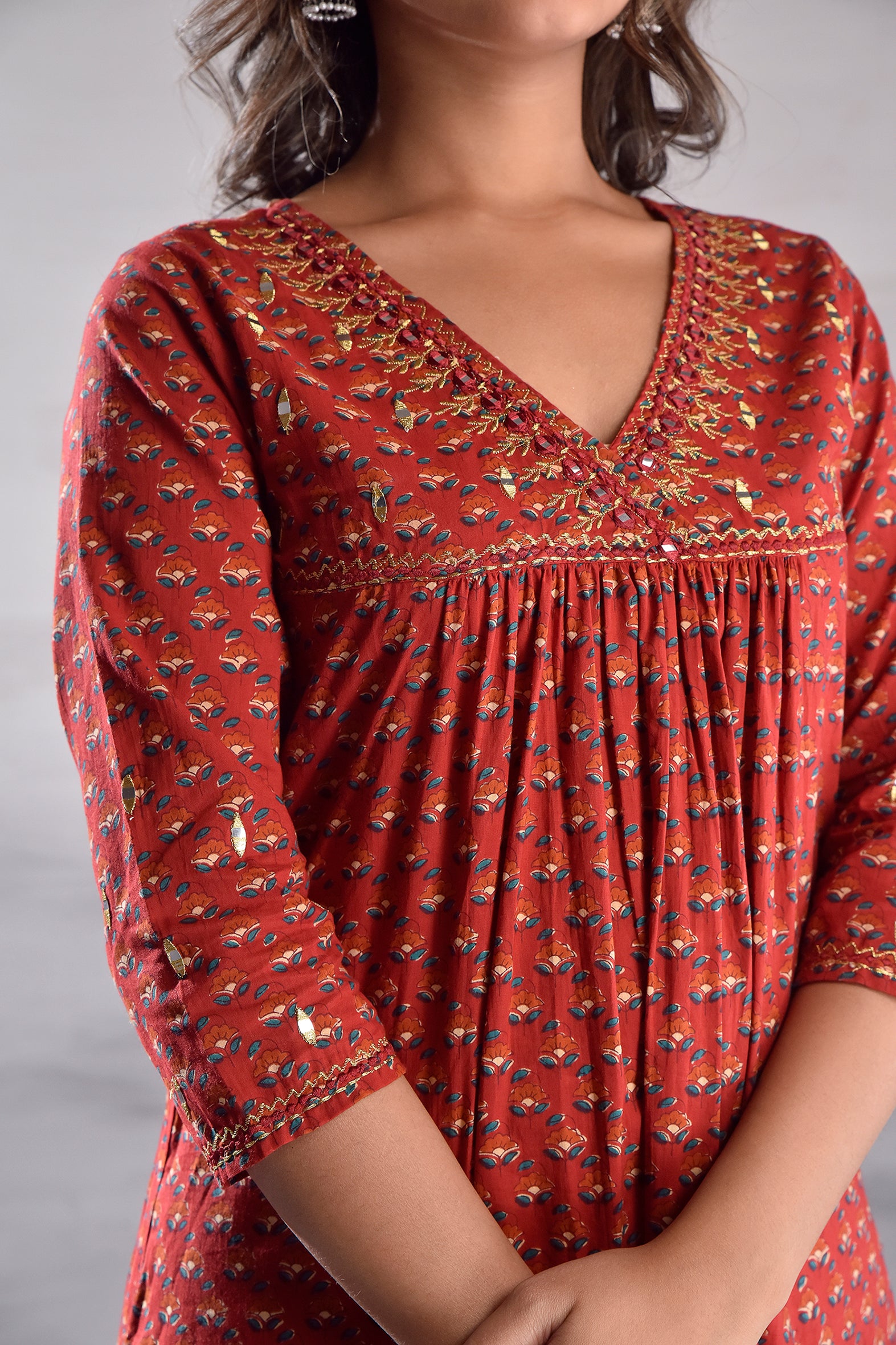 Red Printed With Handwork Cotton Kurta Set with Organza Dupatta