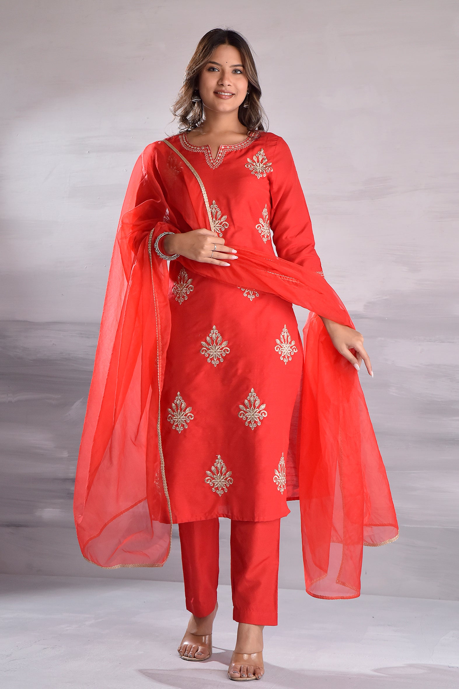 Red Elegant Embroidered Silk Slub Kurta Set with Organza Dupatta