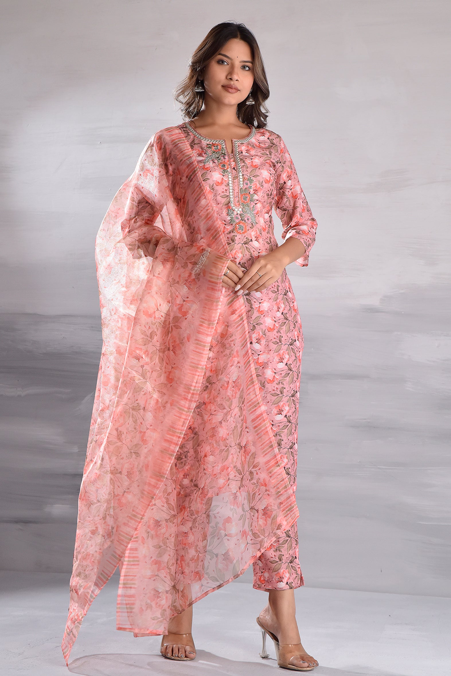Pink Elegant Embroidered Muslin Kurta Set with Organza Dupatta