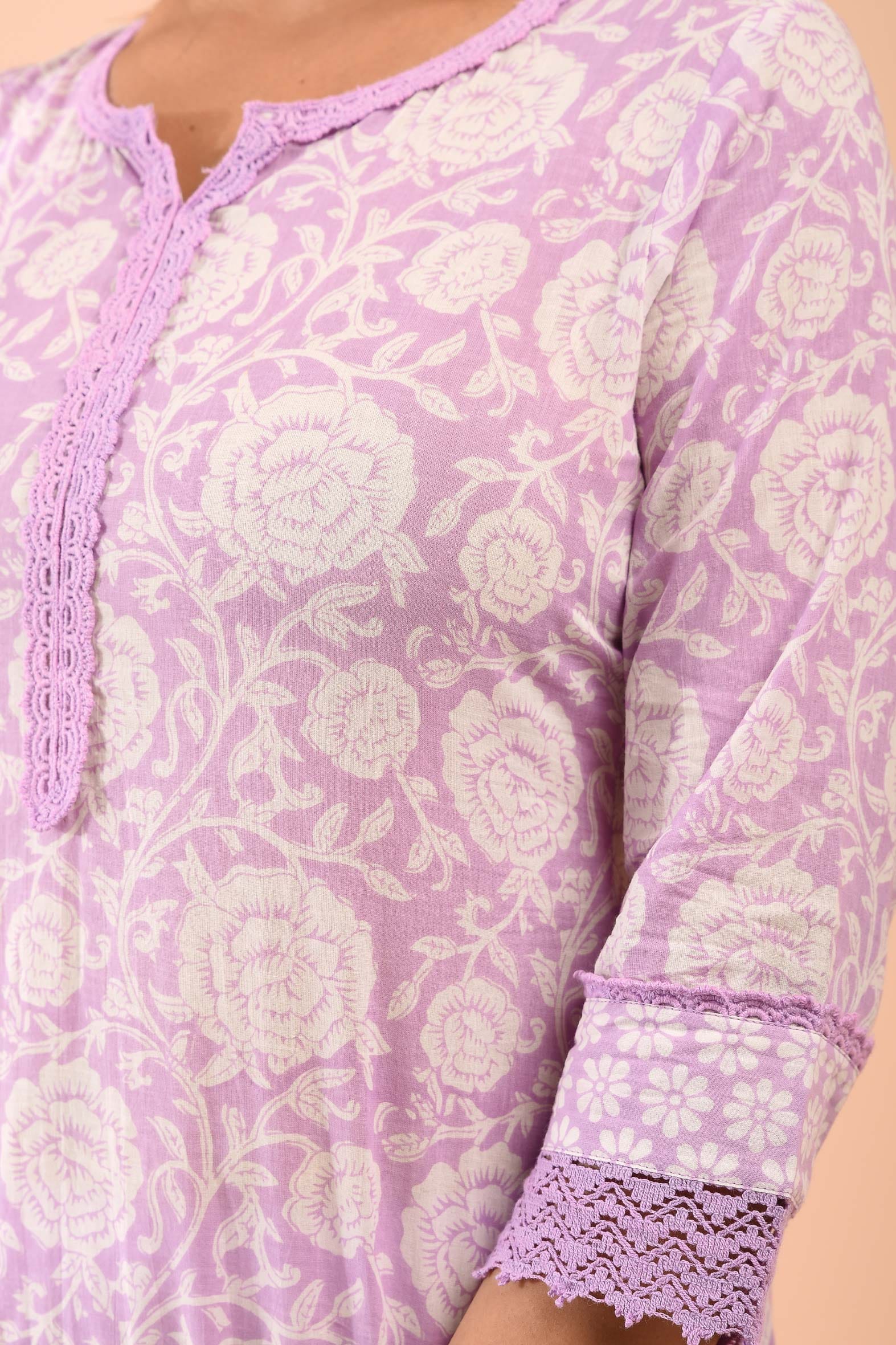 Block Printed White Purple Cotton Suit with Embroidered Kota Doriya Dupatta- Set of 3