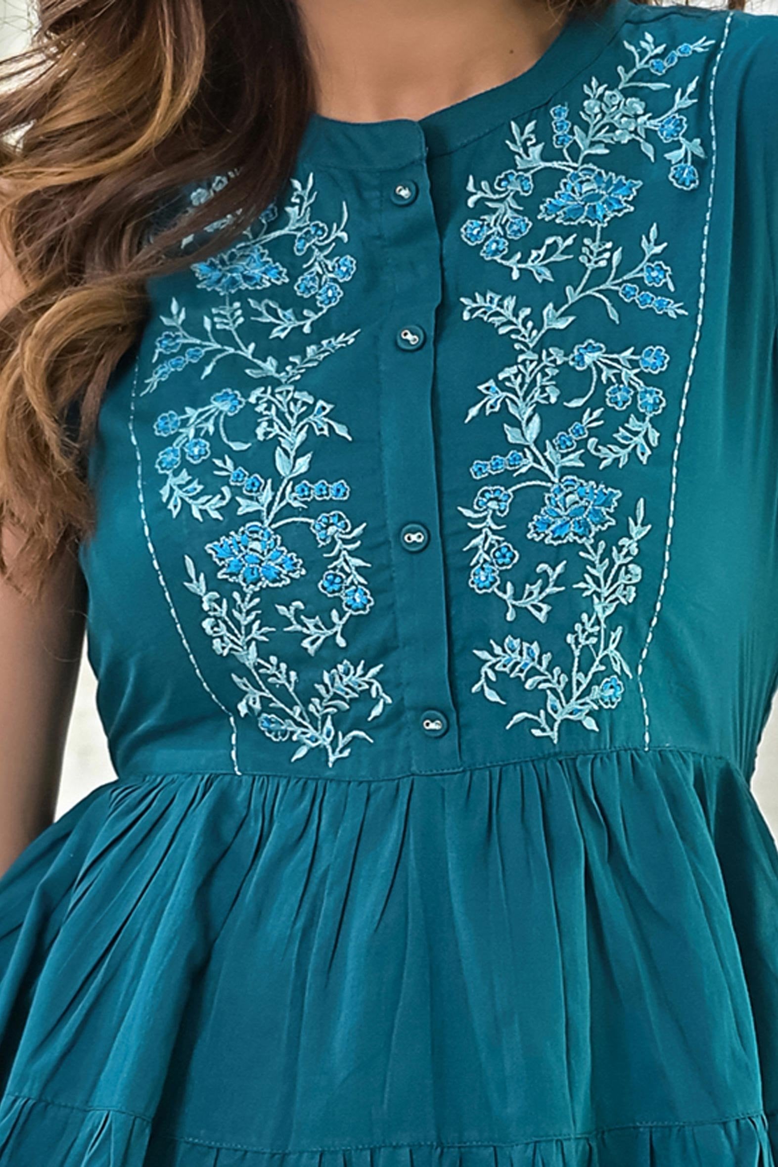 Sea Blue Plain Cotton Top With Embroidery On Yoke