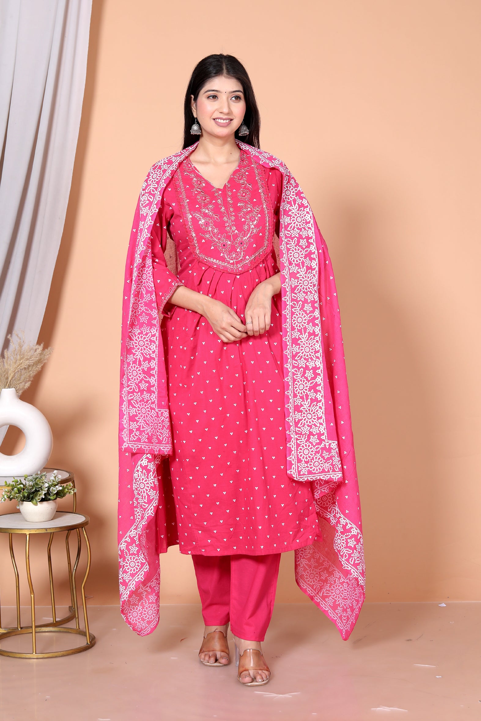 Pink Cotton Kurta Pant Dupatta Set With Embroidery On Front