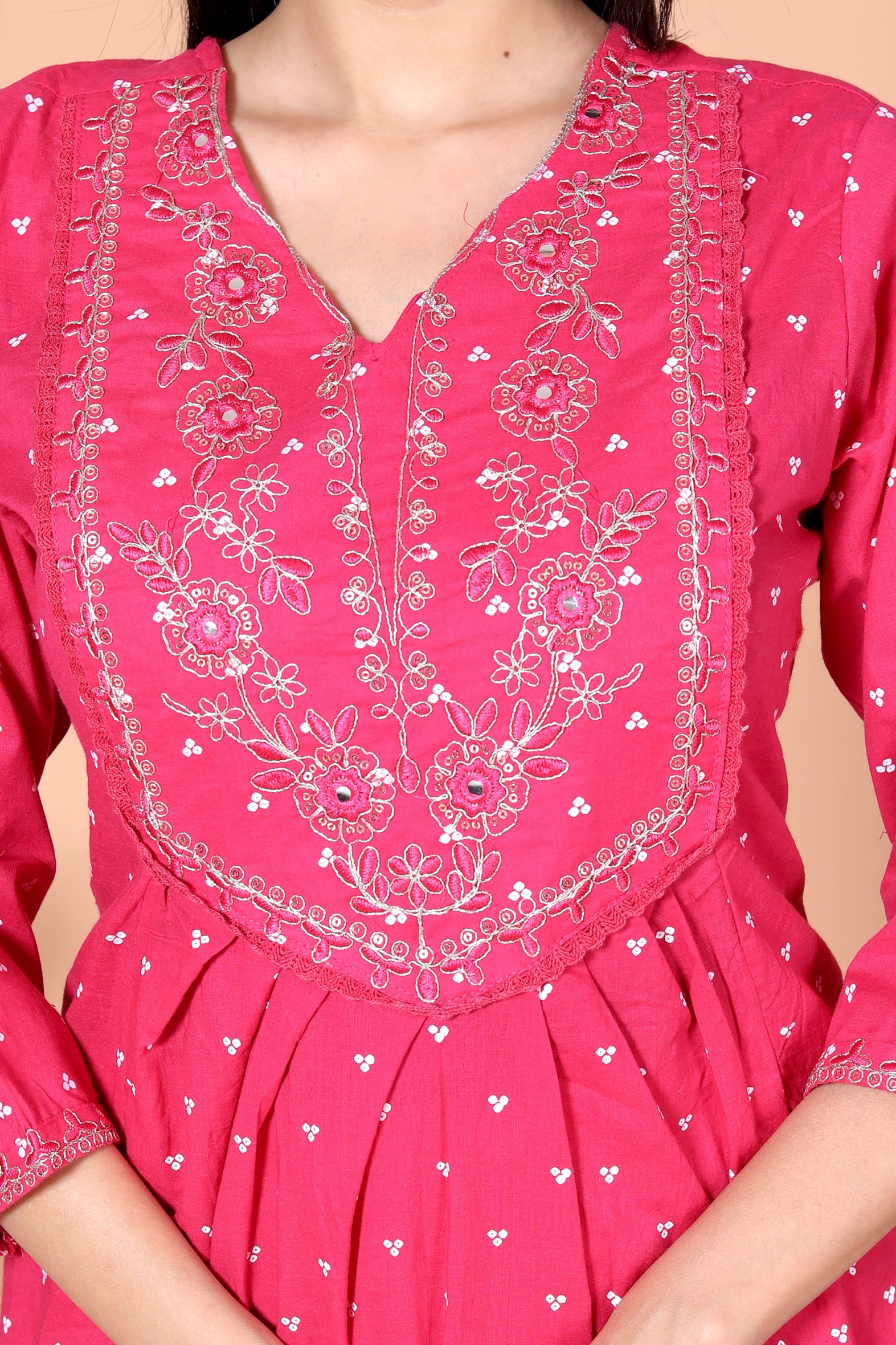 Pink Cotton Kurta Pant Dupatta Set With Embroidery On Front