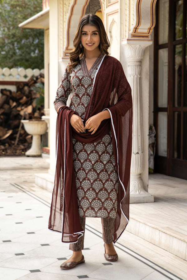 Brown Dabu Hand Block Printed Cotton Suit with Chiffon Dupatta- Set of 3