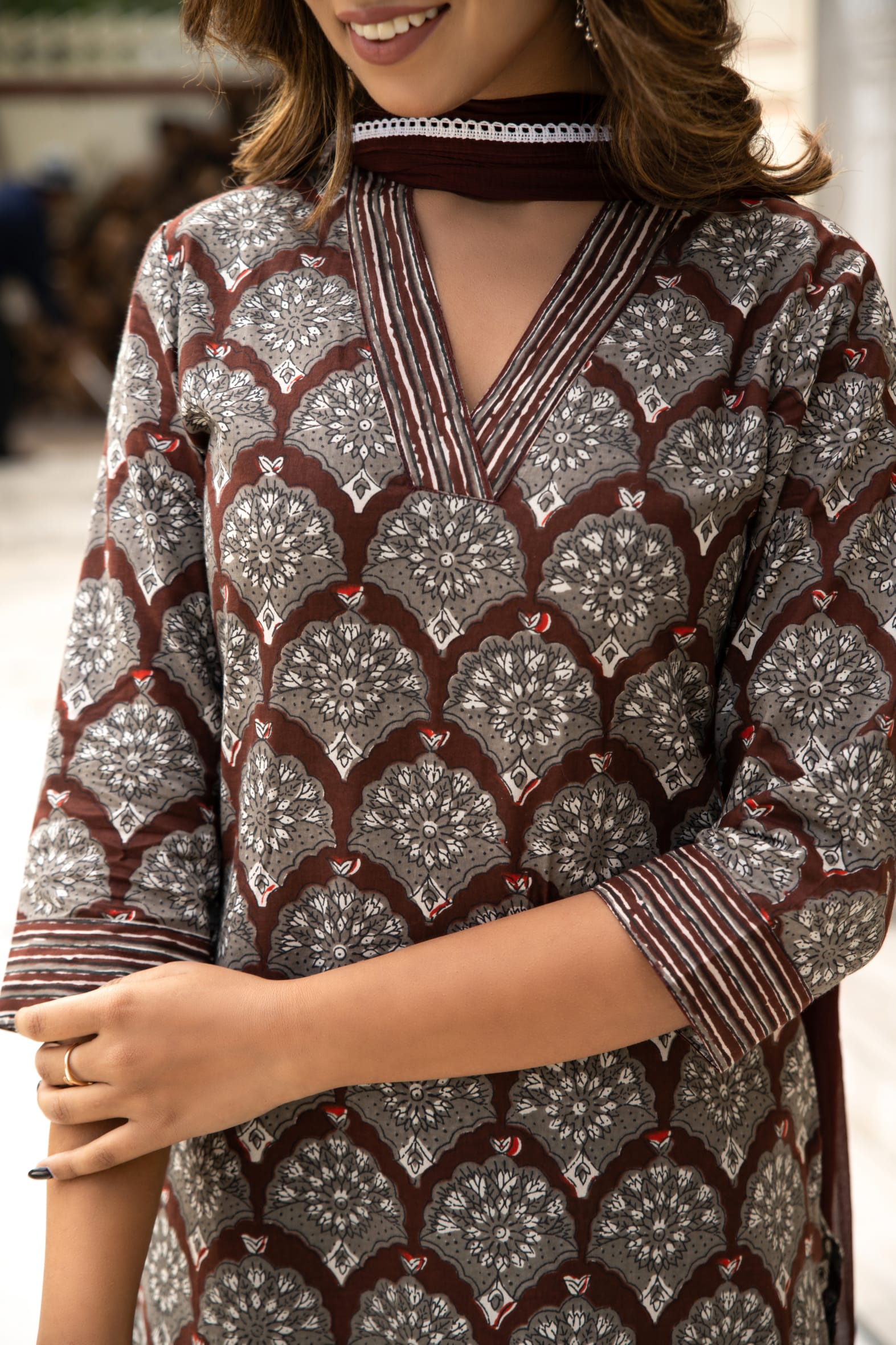 Brown Dabu Hand Block Printed Cotton Suit with Chiffon Dupatta- Set of 3