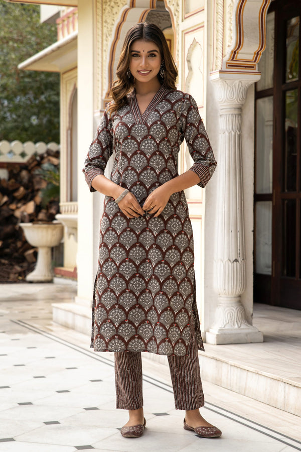 Brown Dabu Hand Block Printed Cotton Kurta with Pants- Set of 2