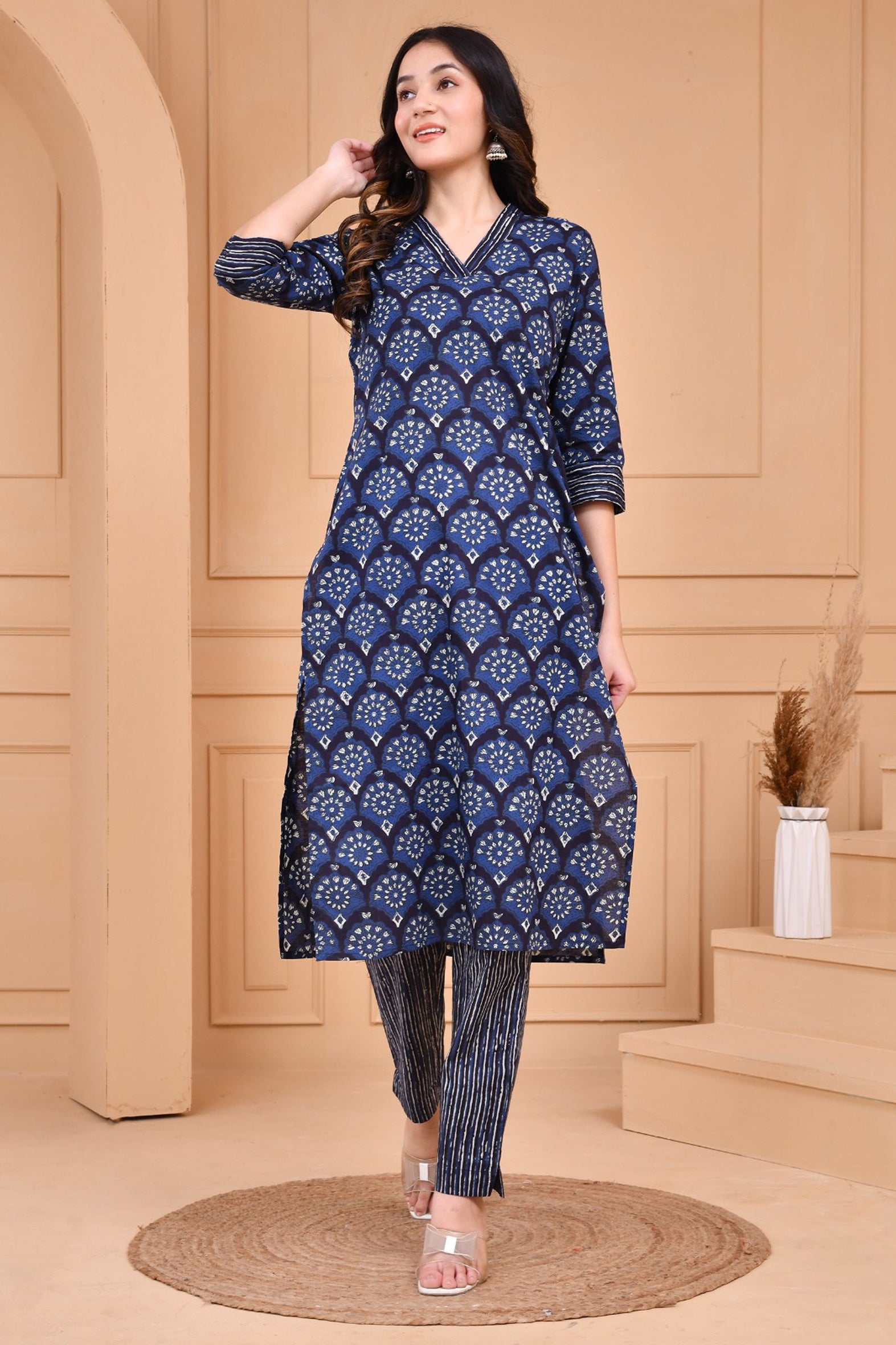 Blue Dabu Hand Block Printed Cotton Kurta with Pants- Set of 2