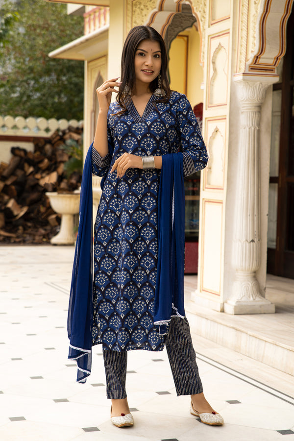 Blue Dabu Hand Block Printed Cotton Suit with Chiffon Dupatta- Set of 3