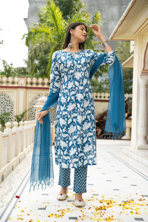 Blue Hand Block Printed Cotton Suit with Kota Doria Dupatta- Set of 3