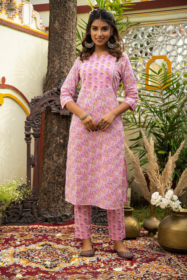 Pink Printed Cotton Kurta with Pants- Set of 2