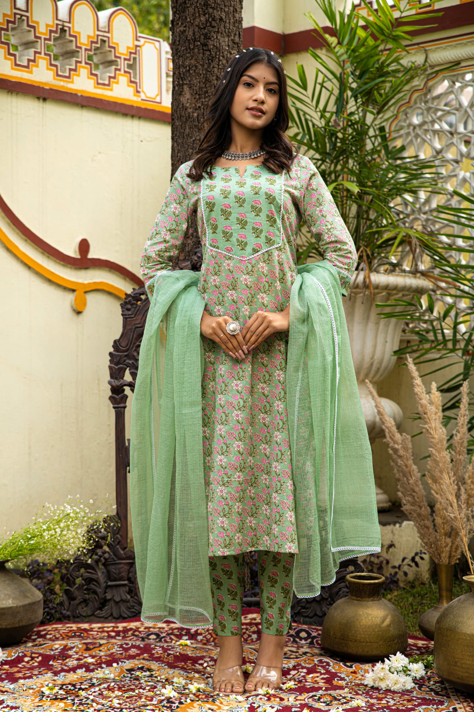 Green Printed Cotton Suit with Kota Doria Dupatta- Set of 3