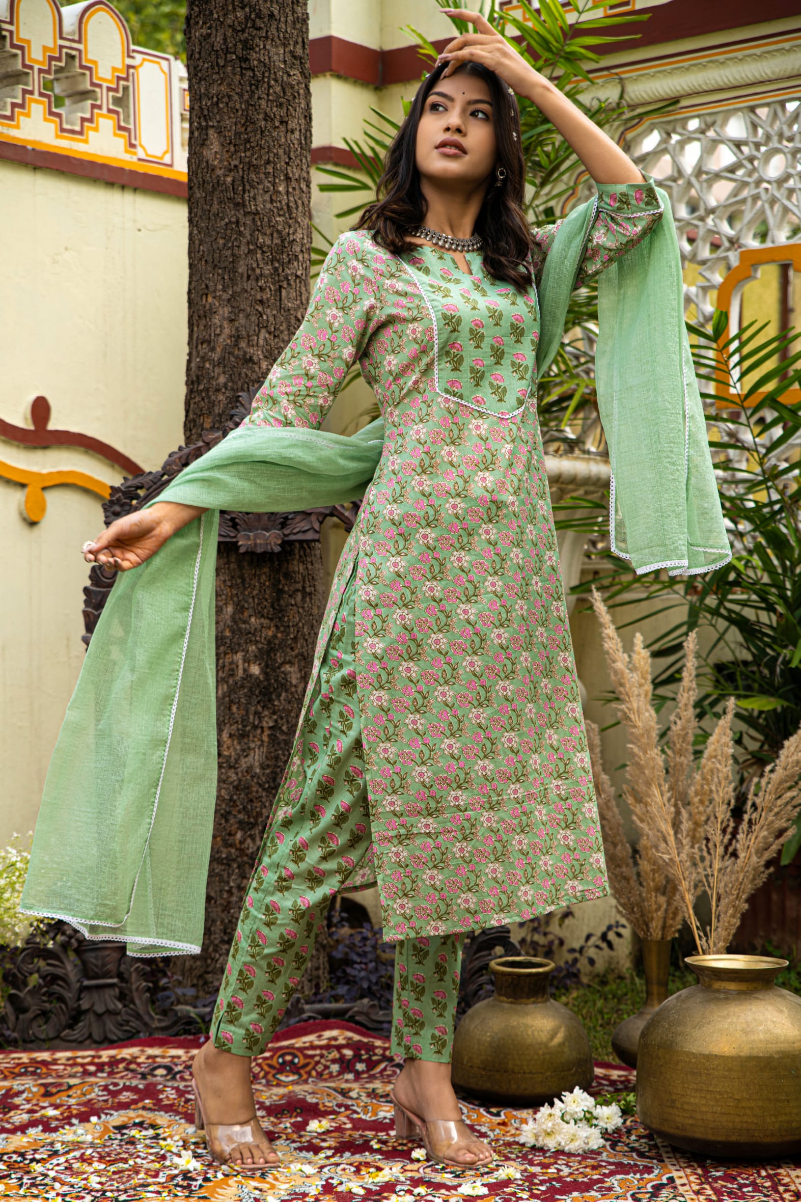 Green Printed Cotton Suit with Kota Doria Dupatta- Set of 3