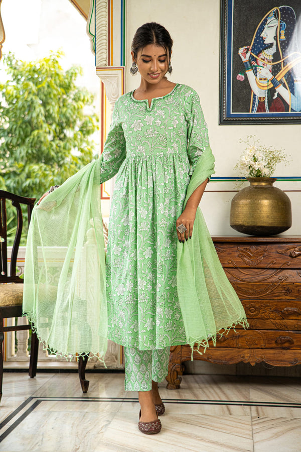 Green Printed Cotton Suit with Kota Doria Dupatta- Set of 3